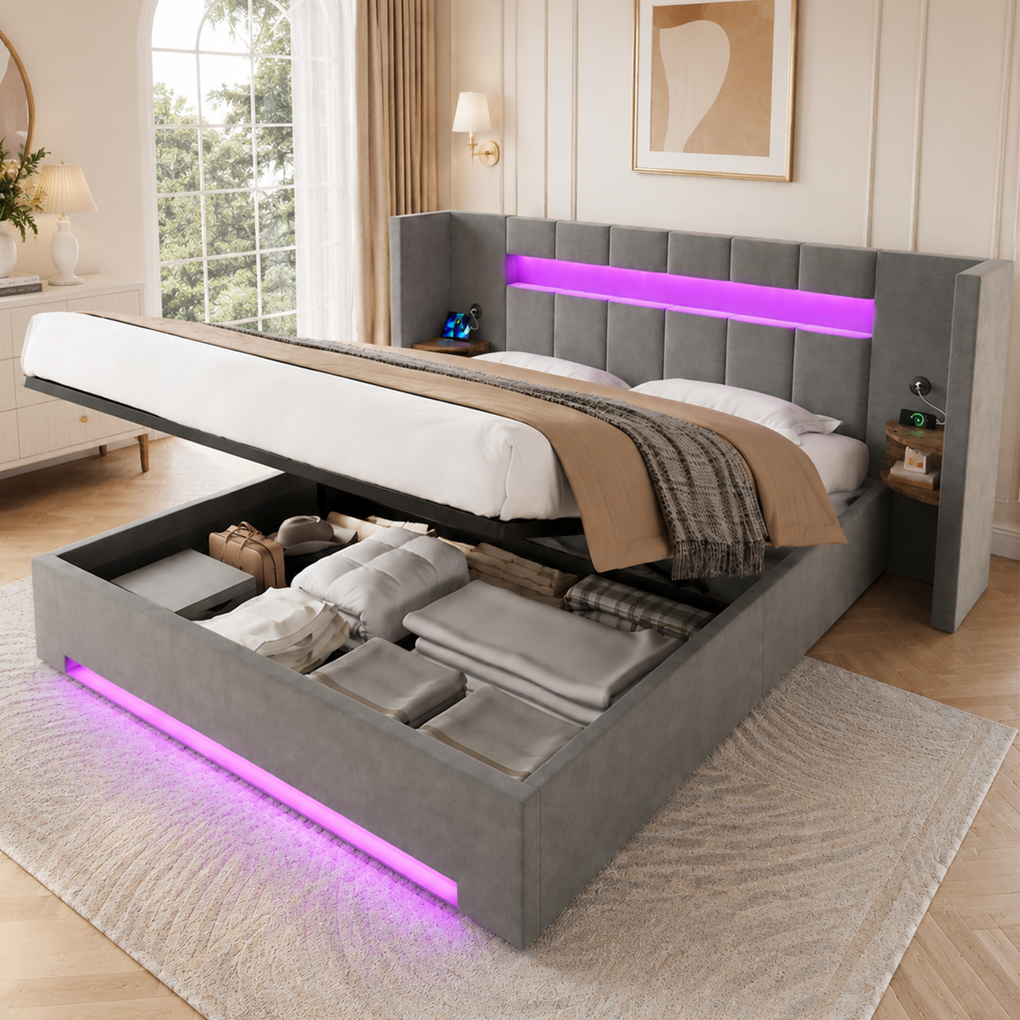 Multifunctional Velvet Bed Frame Wide Headboard, 2x USB, Retro Cabinet, LED Light, Hydraulics & Large Underbed Storage Space With Non-woven Fabric   Shipping In Several Packages  Delayed If Necessary