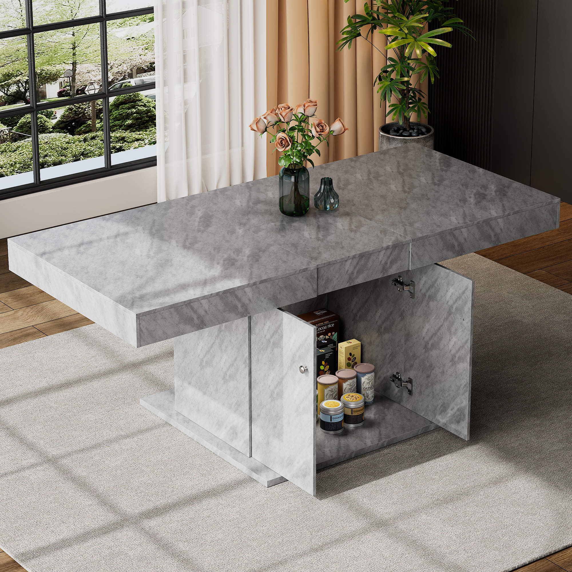 Extendable Dining Table, L140 180xW80xH76cm,Dining Table With Storage, Rectangular Dining Table, Coffee Leisure Table, Space-Saving Multifunctional Dining Table, Automatic Telescopic Optical,Concrete