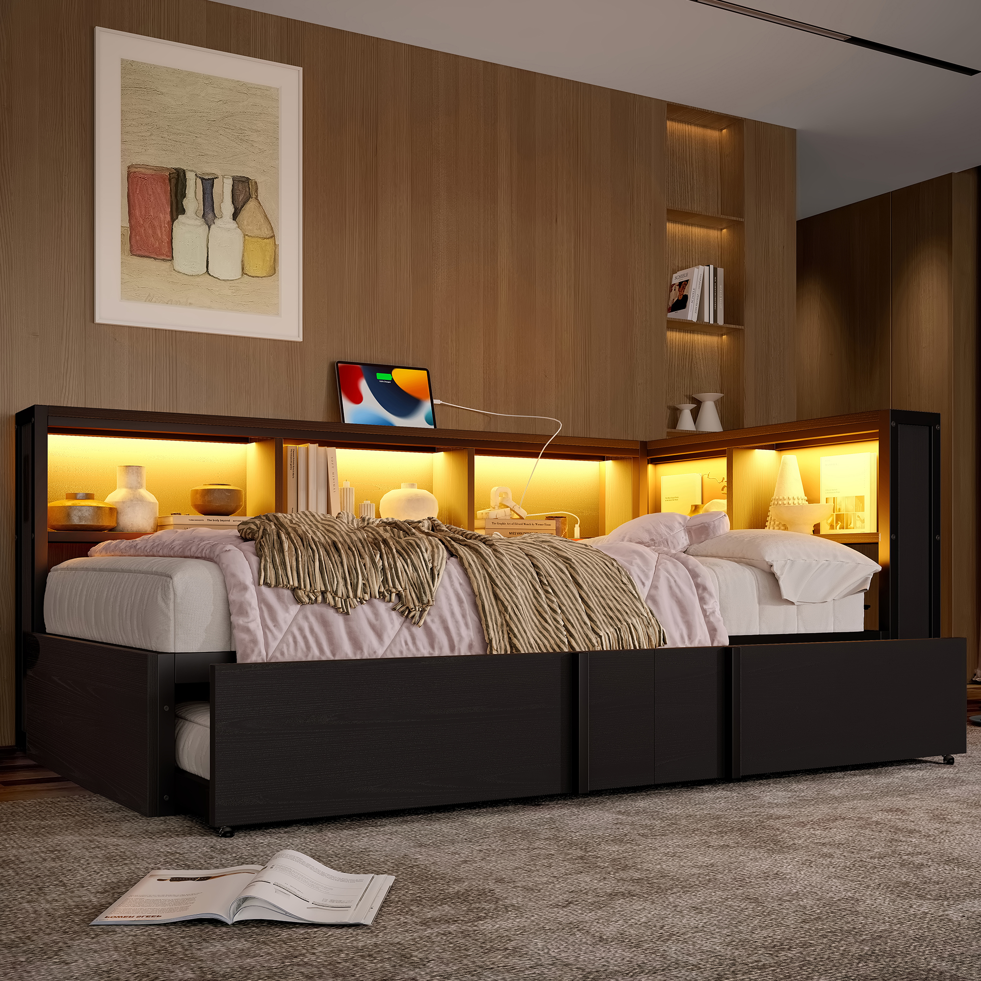 Metal Daybed, 90 X 200 Cm, With Pull-out Bed, Storage Cupboards, LED Lighting And USB Ports, Black