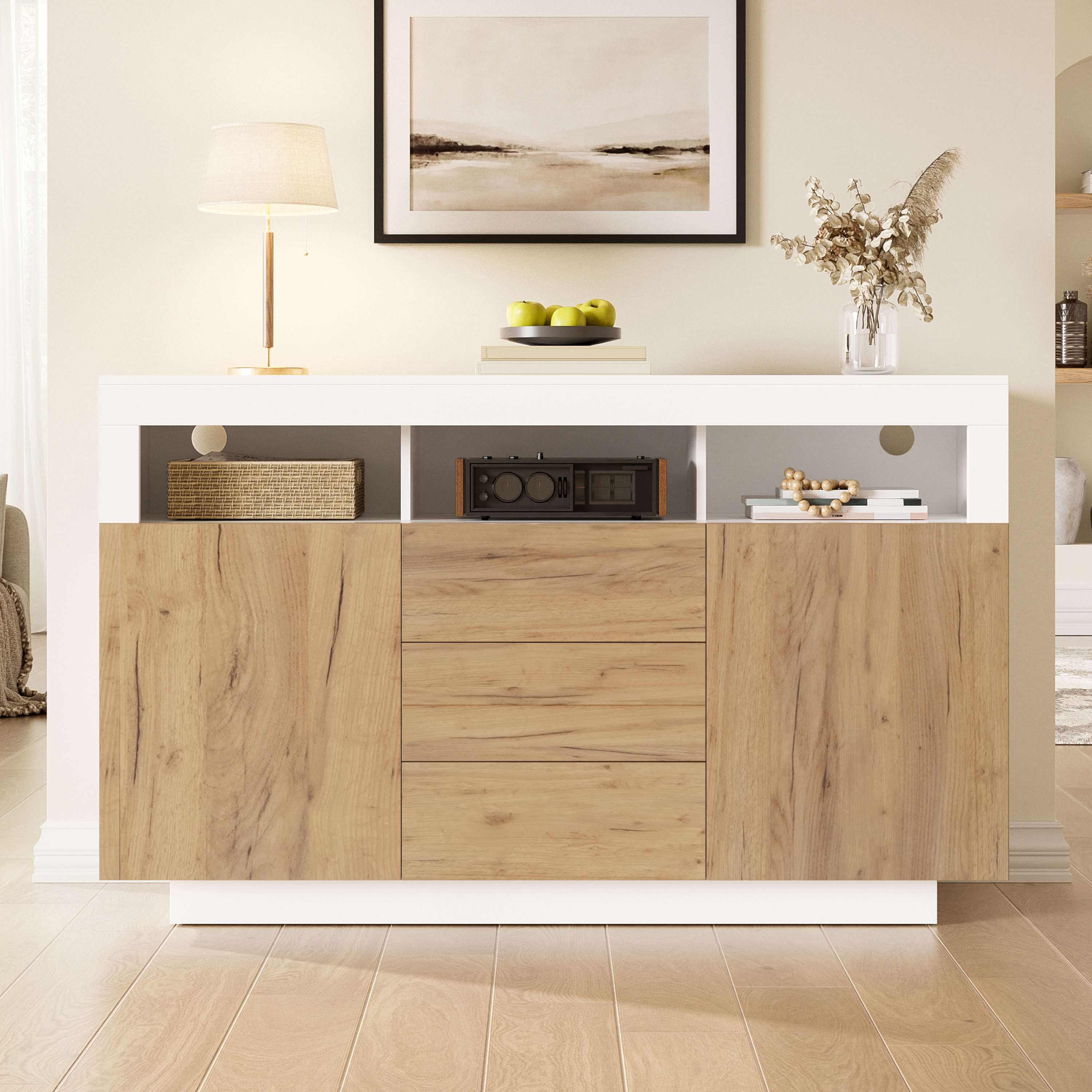 Modern Style Sideboard - Storage Cabinet With 3 Drawers And 2 Doors, Suitable For Living Room, Hallway Or Kitchen, Natural Wood Look - White, Dimensions  W-D-H  140 X 40X 85 Cm