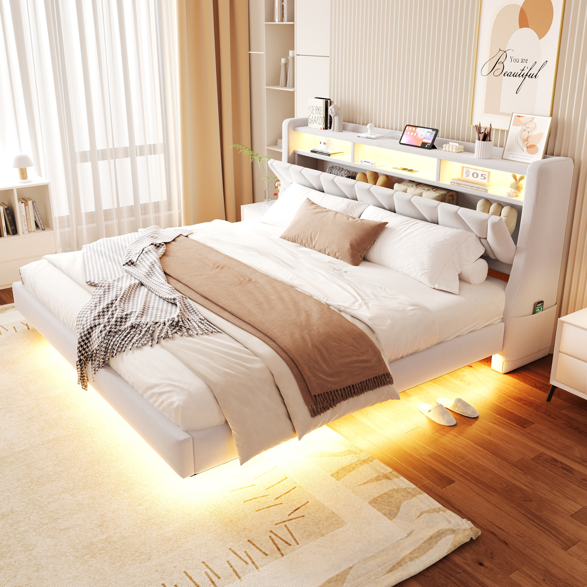 Upholstered Bed 180 X 200 Cm, Fold-down Headboard With Socket And Storage Compartment, LED Lighting, Upholstered Headboard, Widened Bed Legs, Floating Bed Design Velvet Fabric Beige