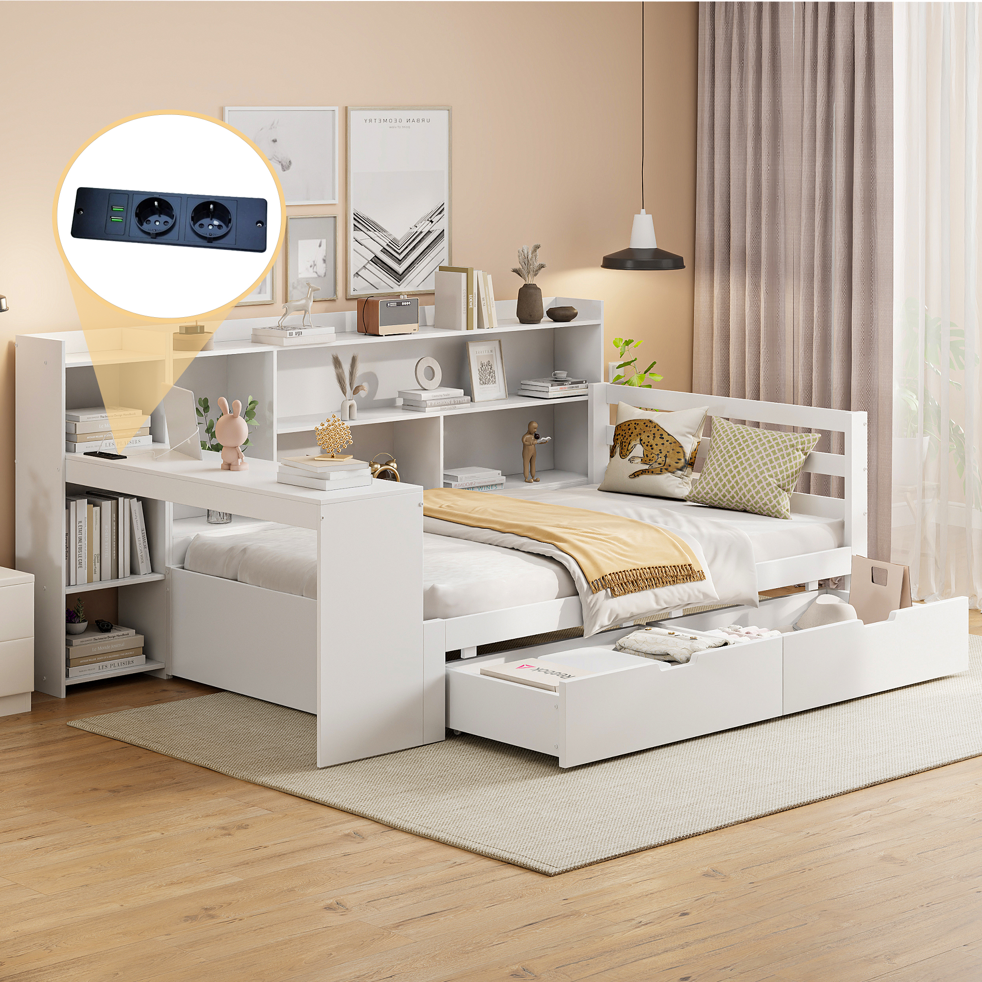 Solid Wood Sofa Bed, 90X200 Cm, With Desk Bookcase, Storage Compartments And Shelves, With Socket, With 2 Large Storage Compartments, Multifunctional Wooden Bed, White