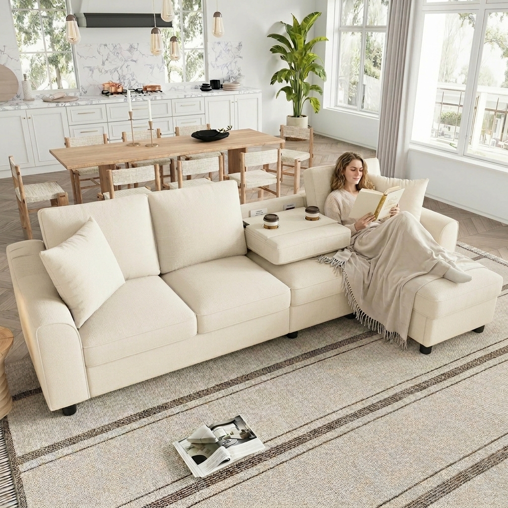Modern Chenille L-Shape Sofa 3 Seater  Chaise Longue Corner Sofa, Chaise Lounge With Hinged Storage, Folding Backrest With Cup Holders, Multifunctional Modular Sofa, Beige, 280x136x82cm