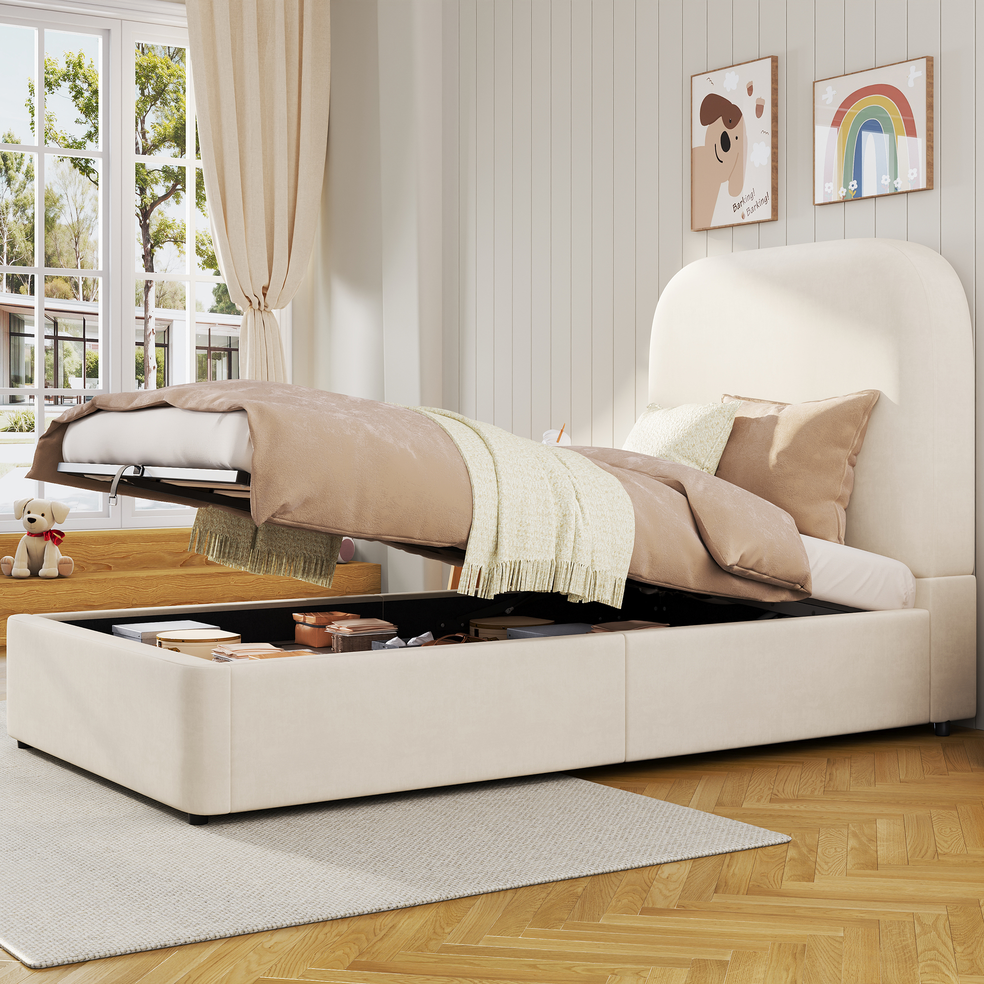 Upholstered Bed, Single Bed, Cot 90 X 200cm, Hydraulic Functional Bed, Bed With Slatted Frame, Headboard And Large Storage Space, Upholstered Headboard, Velvet, Beige