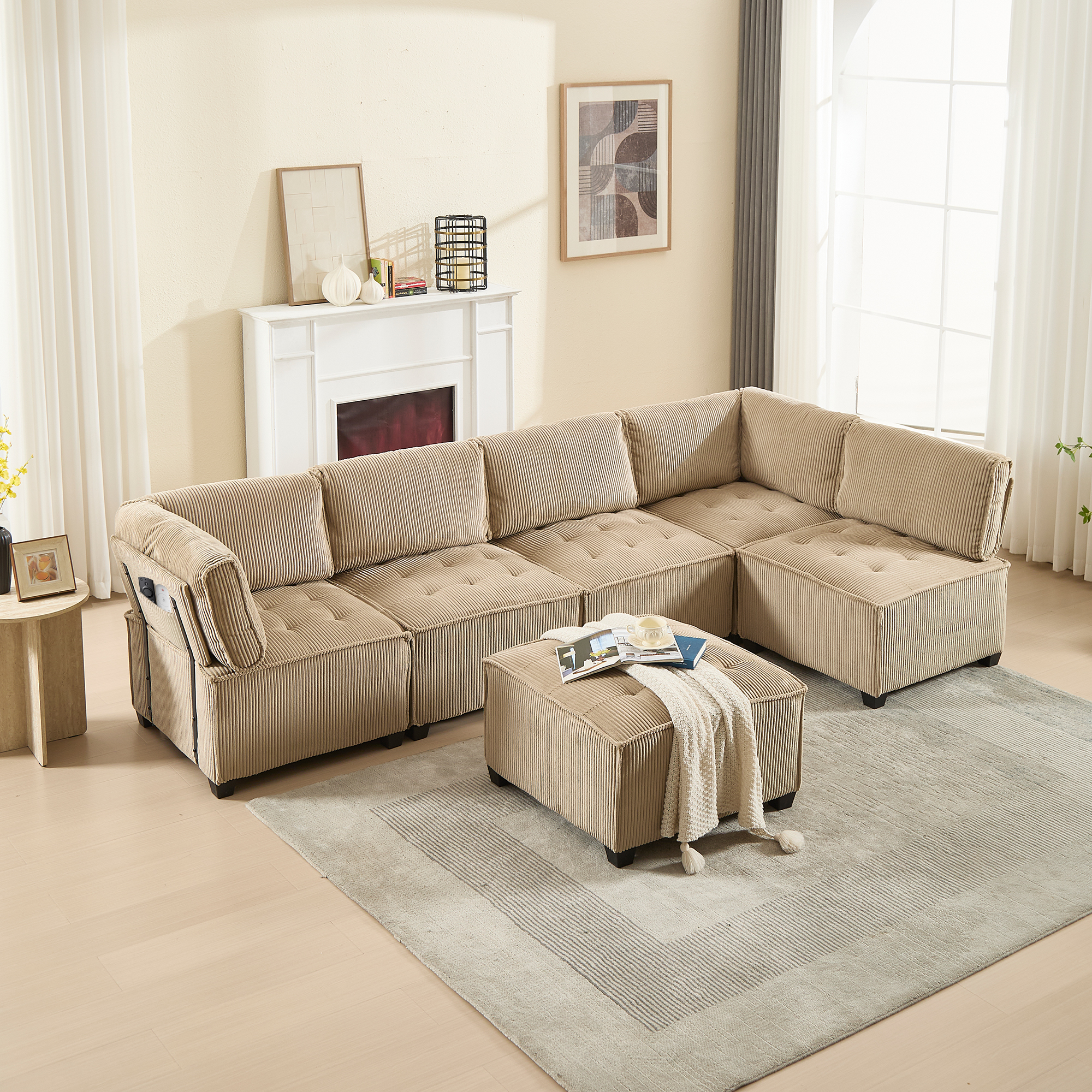 Modular 6-seater Sofa, Corduroy Fabric, Ergonomic, Storage Pockets, Can Be Flexibly Combined As A U-shape L-shape Sofa Bed, Stable Wood And Metal Structure, Easy To Assemble, Khaki
