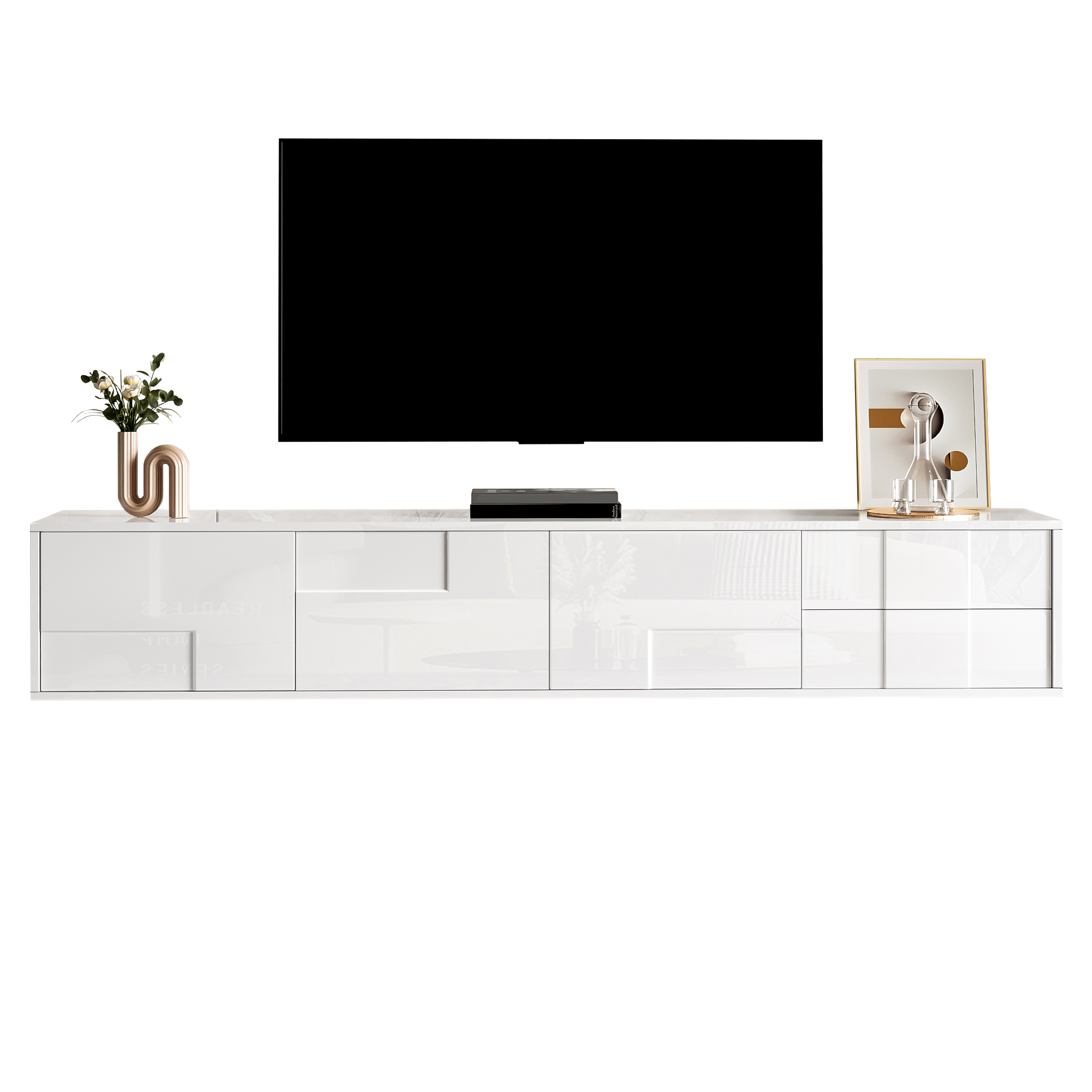Modern TV Lowboard White 170 Cm, Floating Or Standing, Full High-gloss Surface, Handleless With 3 Doors & 2 Drawers, Plenty Of Storage Space For Living Room