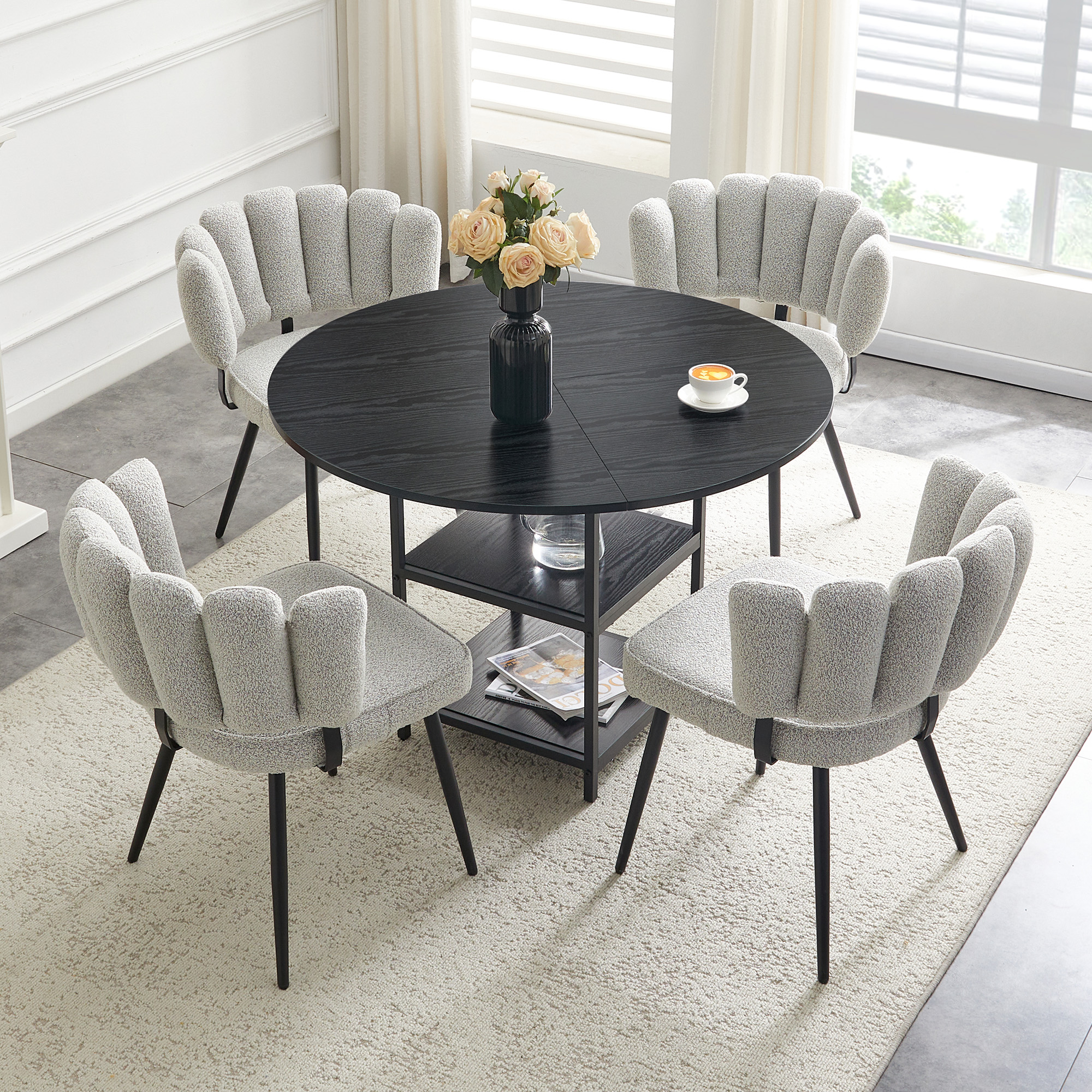 Table And Chair Set Round 107 Cm Dining Table With Double Storage Level  4 Light Grey Dining Chairs With Flower-shaped Backrest In Textured Fabric. Industrial Style Set For Small Apartments.