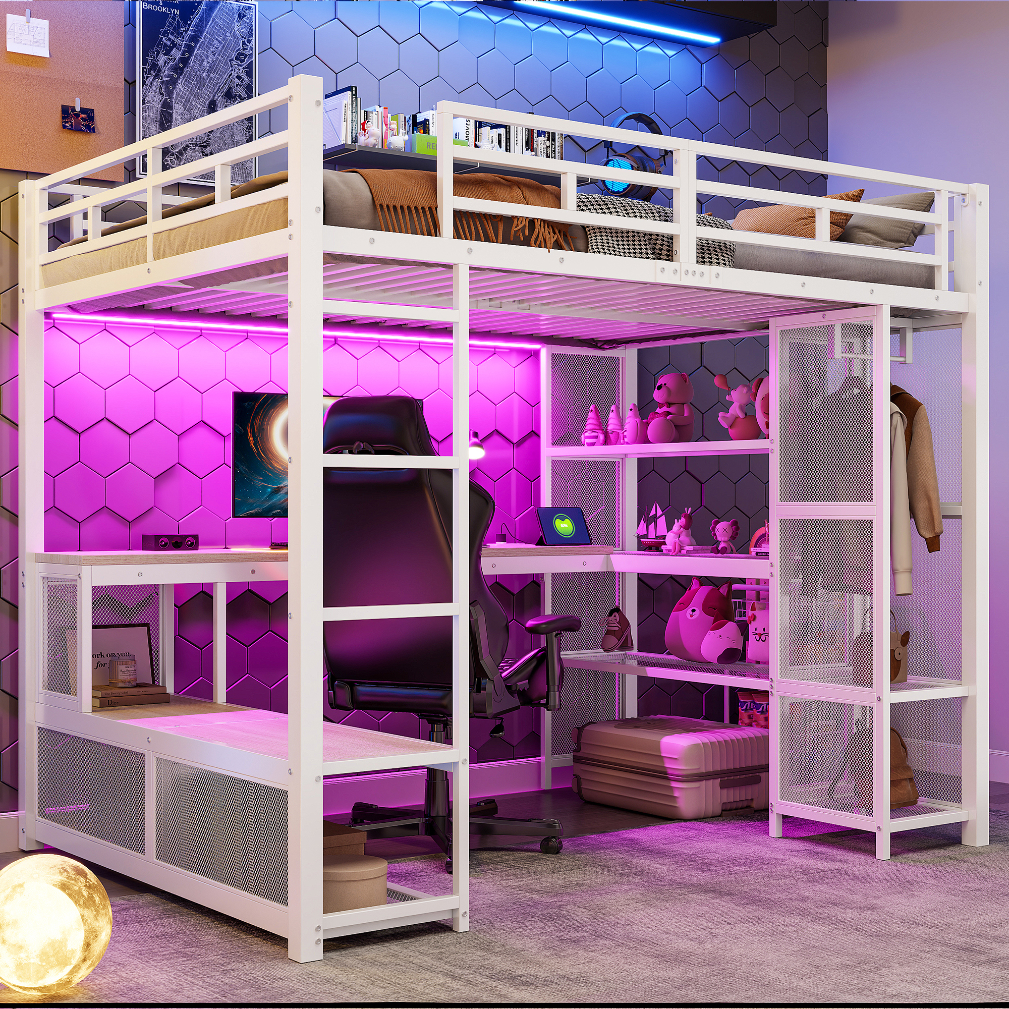 140x200cm Metal Loft Bed With Storage, Open Wardrobe, USB Port And LED Lighting, White