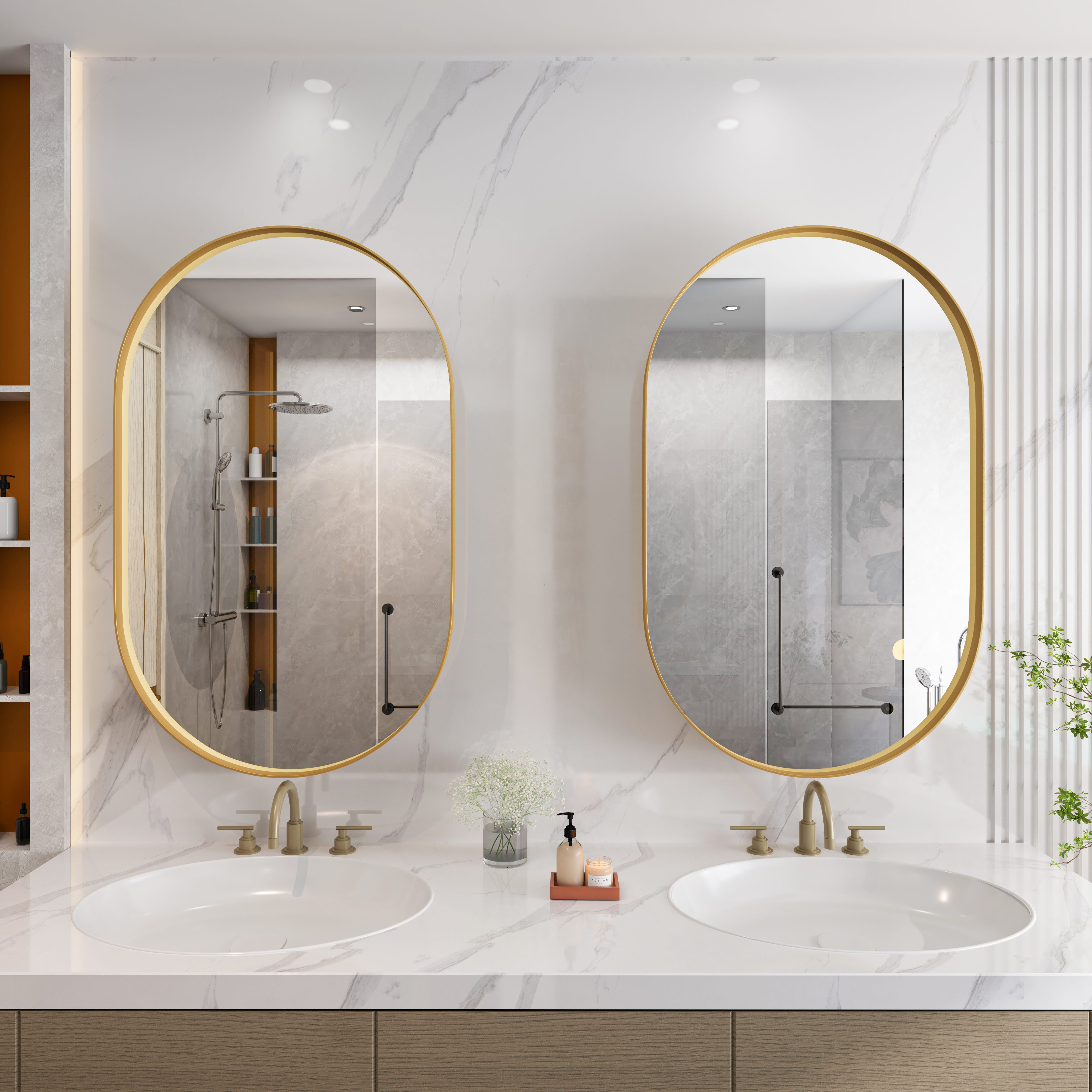 Stylish Oval Mirror Cabinet, Recessed Medicine Cabinet, Wall Cabinet With Metal Framed, Mirror And Adjustable Shelves, Mirror Cabinet With Storage For Bathroom, Living Room And Bedroom, Gold — foto 5
