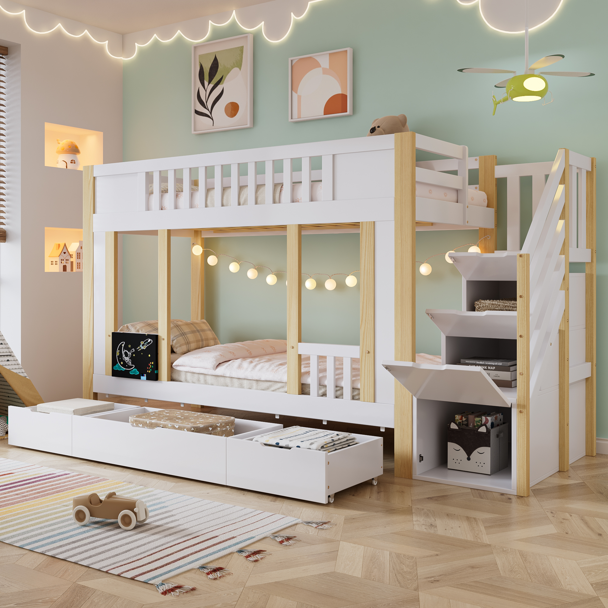 Bunk Bed, Cot, Stair Cupboard With Storage Function, Three Drawers On Wheels, Small Blackboard For Scribbling, Pine  MDF PB Plywood, White Natural, 90x200cm