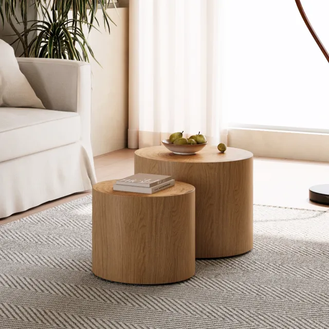 2er Set Couchtische aus Holz mit Baumring-Design