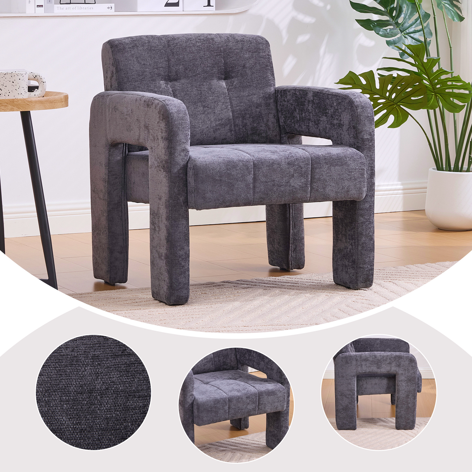 Salon moderne minimaliste décontracté avec fauteuil simple, chambre à coucher, espace de bureau