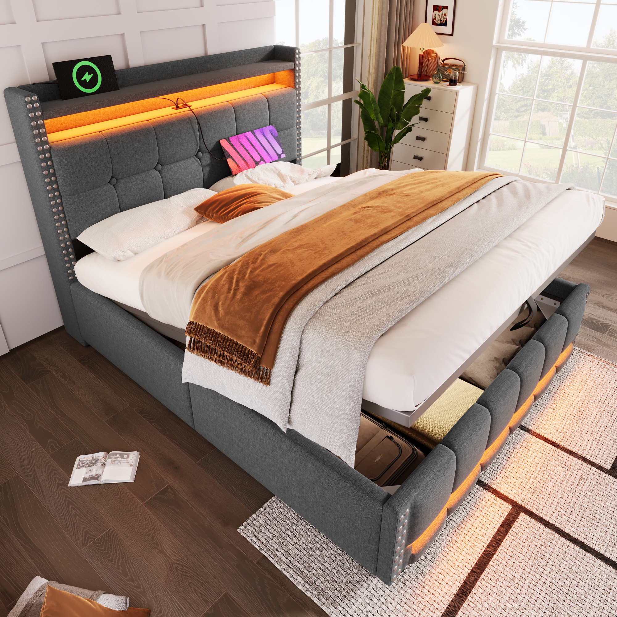 Upholstered Bed 160x200cm With LED Lighting And USB Socket, Headboard With Shelves And Storage, With Hydraulics For Storage, Adult Bed Double, Linen Fabric Grey