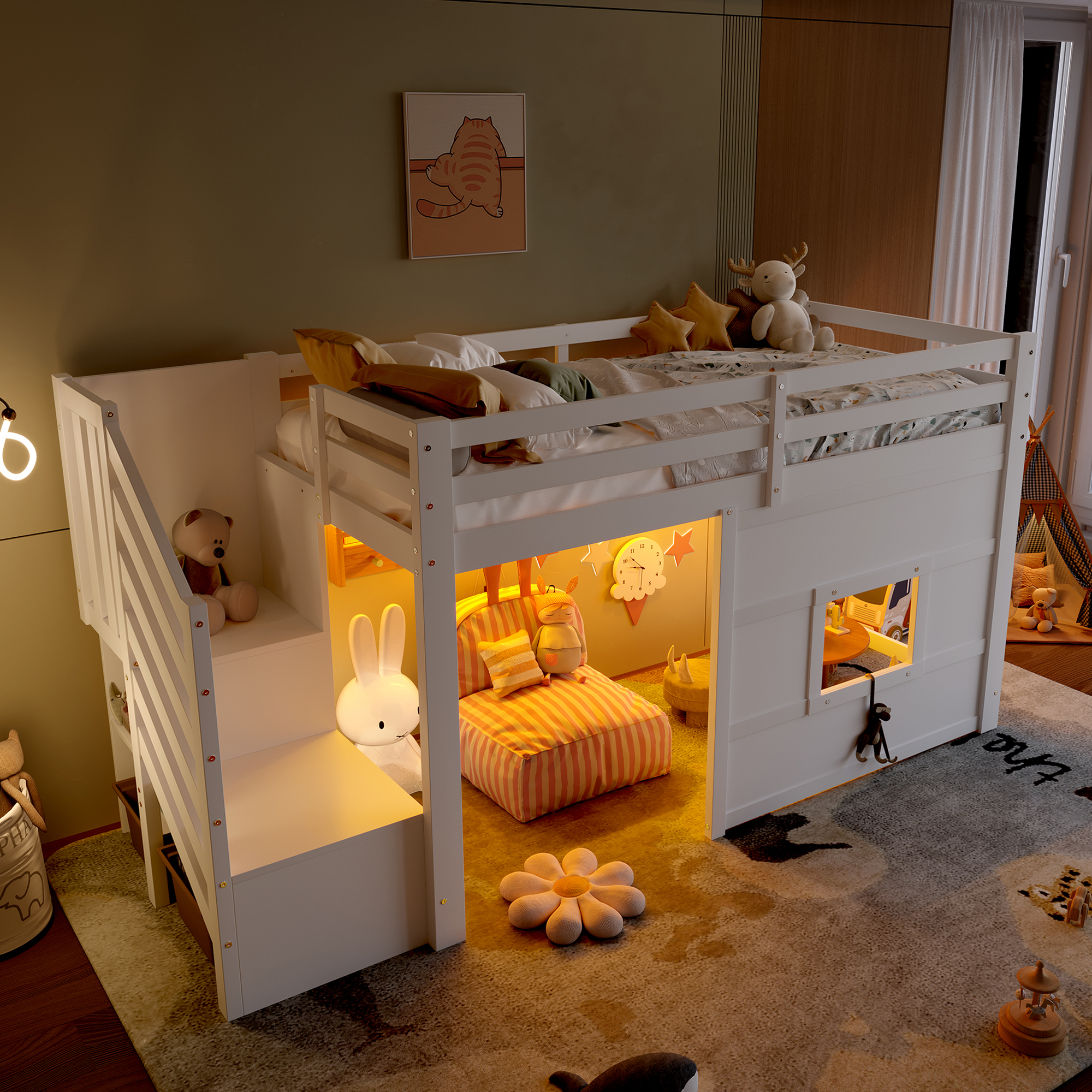 90x200 Loft Bed With Storage Stairs And Window, White