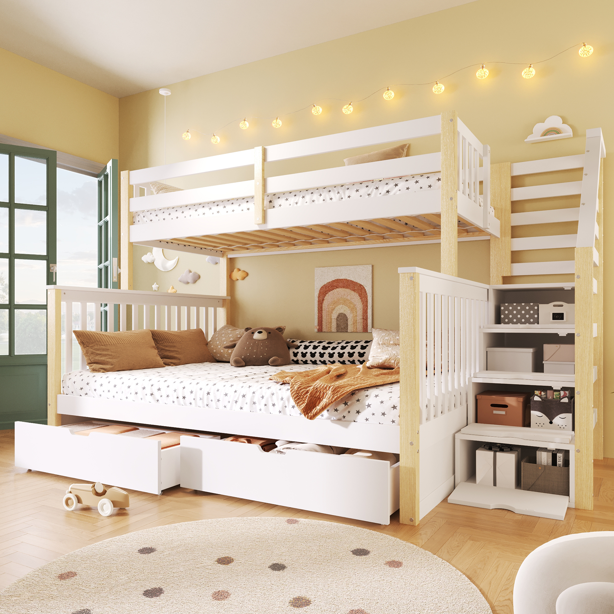 Loft Bed ,90 X 200 Over 140 X 200 Bunk Bed With Drawers, Storage Space, Without Mattress, Multifunctional, White Natural
