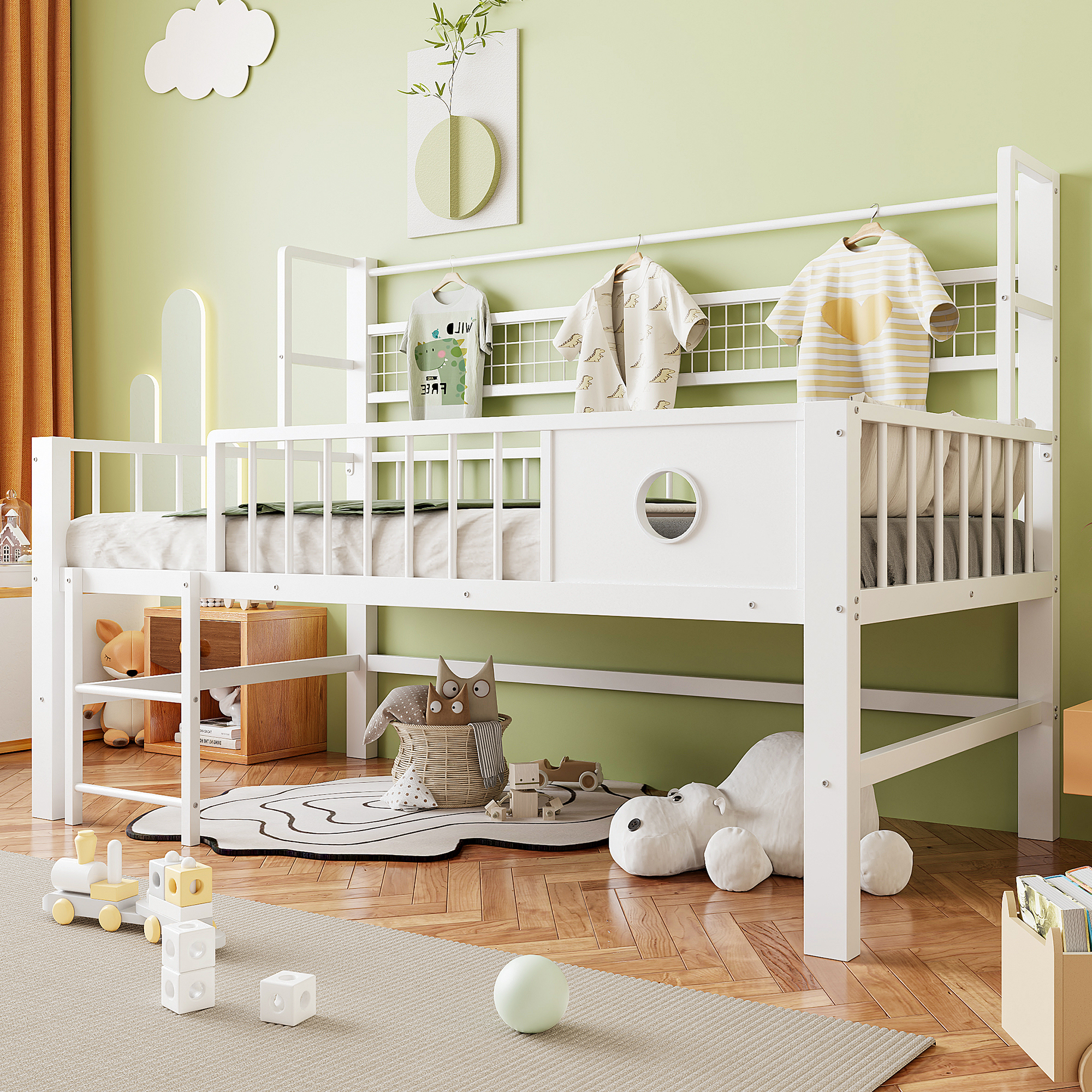 Children's Bed 90x200cm, Low Loft Bed With Metal Frame And Storage Compartments, Suitable For Children And Teenagers.White