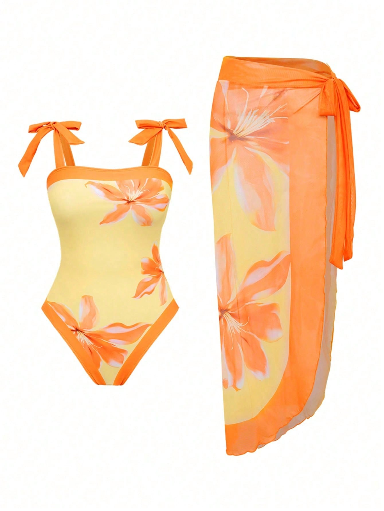 Yellow & Orange Floral Print Tie Strap One-Piece Swimsuit With Matching Sarong Cover Up — foto 5