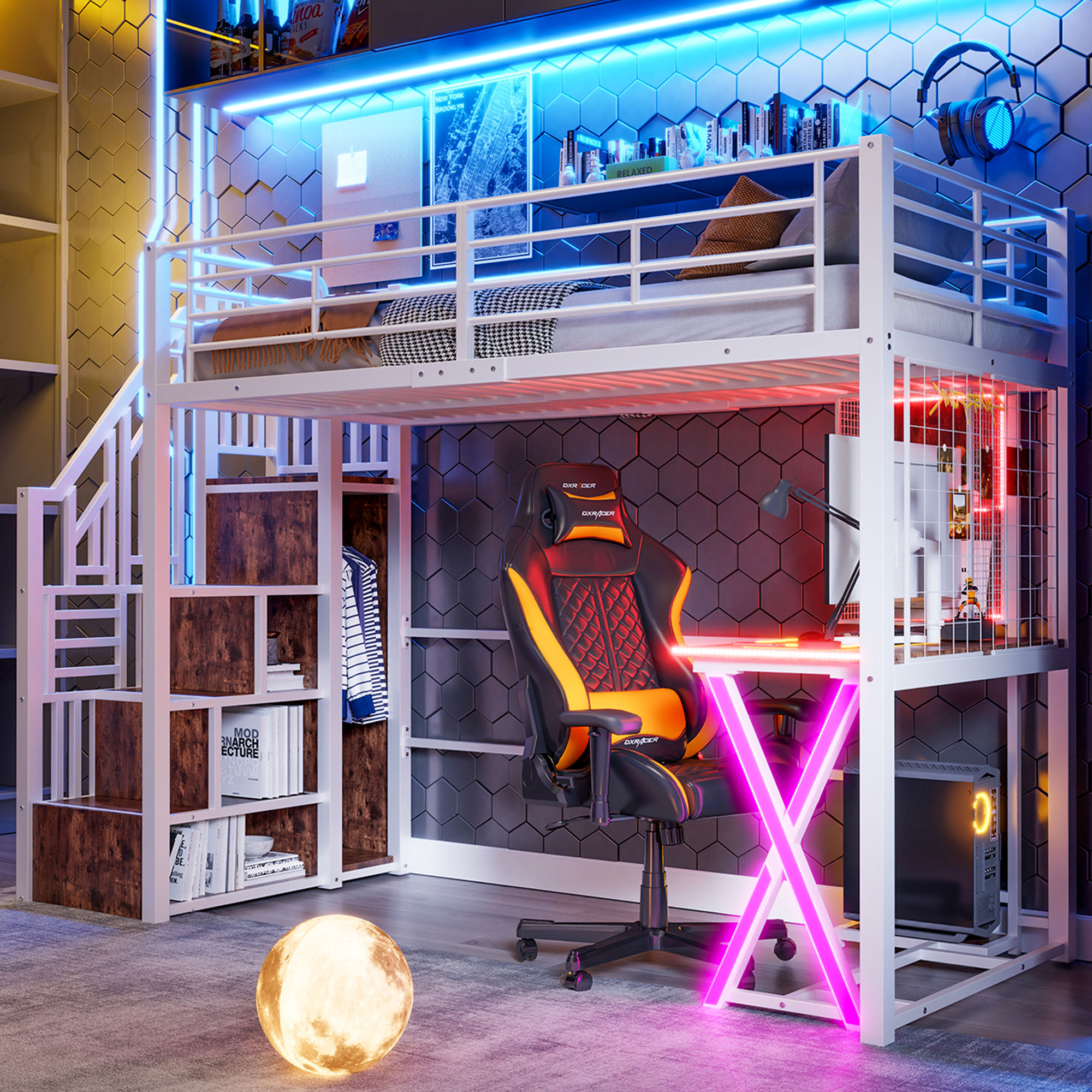 Loft Bed, 90X200cm, With LED Lights, Storage Ladder, Desk, Wardrobe, Shelves, Without Mattress, White