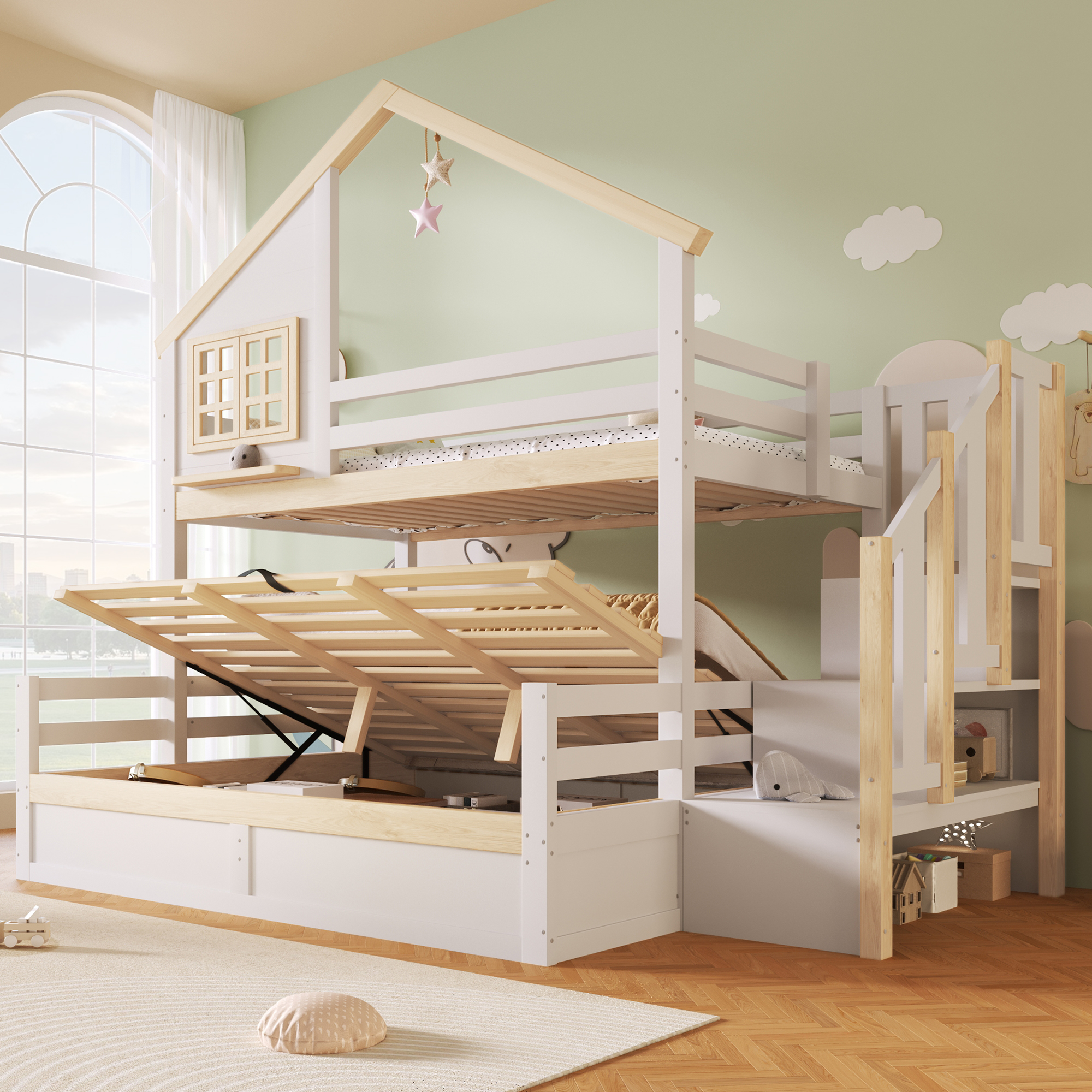 Bunk Bed, 90x200cm And 140x200cm, Hydraulic, With Bed Rail, Storage Ladder, Window And House Decoration, White  Natural