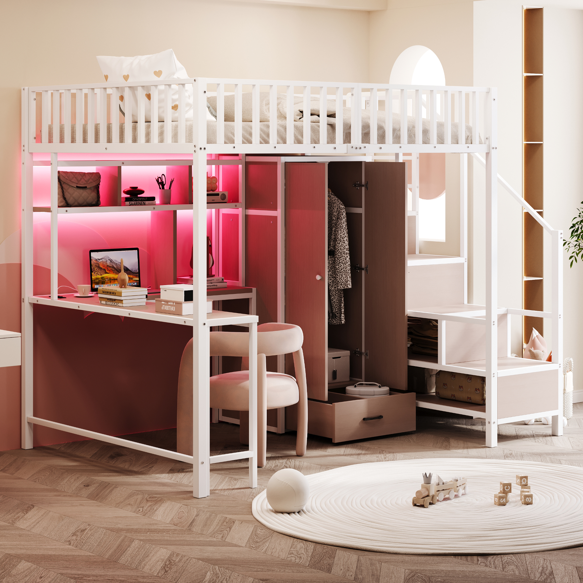 Metal Loft Bed 140 X 200 Cm With Desk, Shelf, Wardrobe And Drawers, With Storage Ladder And Safety Railing, Complete With Charging Socket And LED Lighting, Metal Frame, White