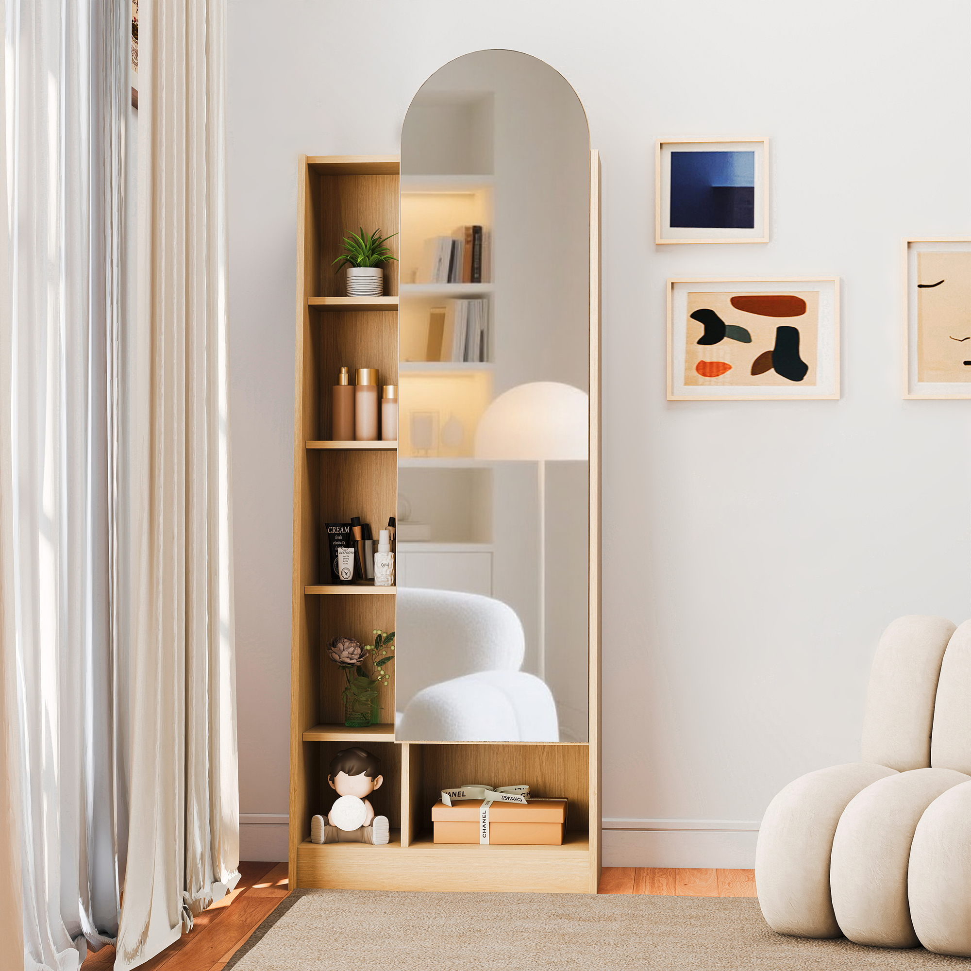 Shoe Cabinet, Mirrored Door, Wardrobe Cabinet, Dressing Mirror With Storage Space, Tall Cabinet, Bathroom Cabinet With Adjustable Shelves Natural Wood Look-H165 W60D28 Cm