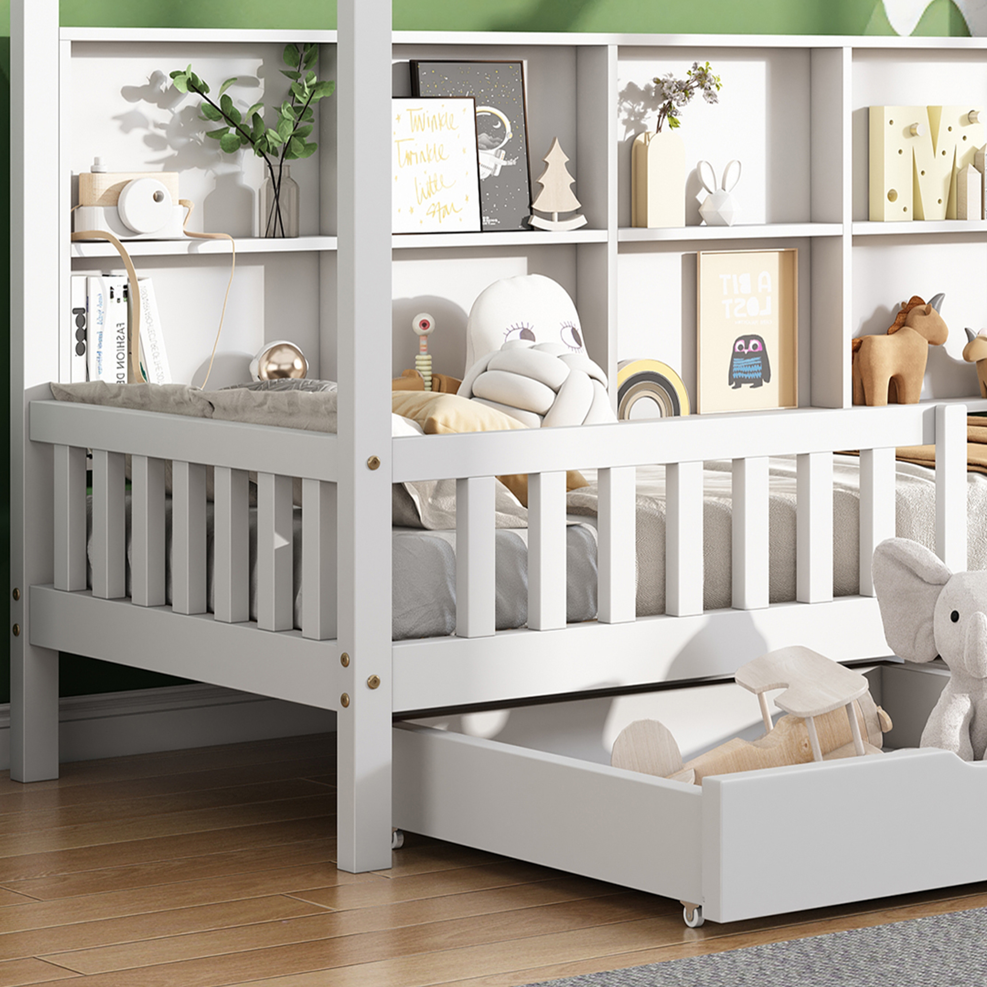 Lit maison berceau avec étagère multi-usages grille de rangement armoire étagère de – Image 4