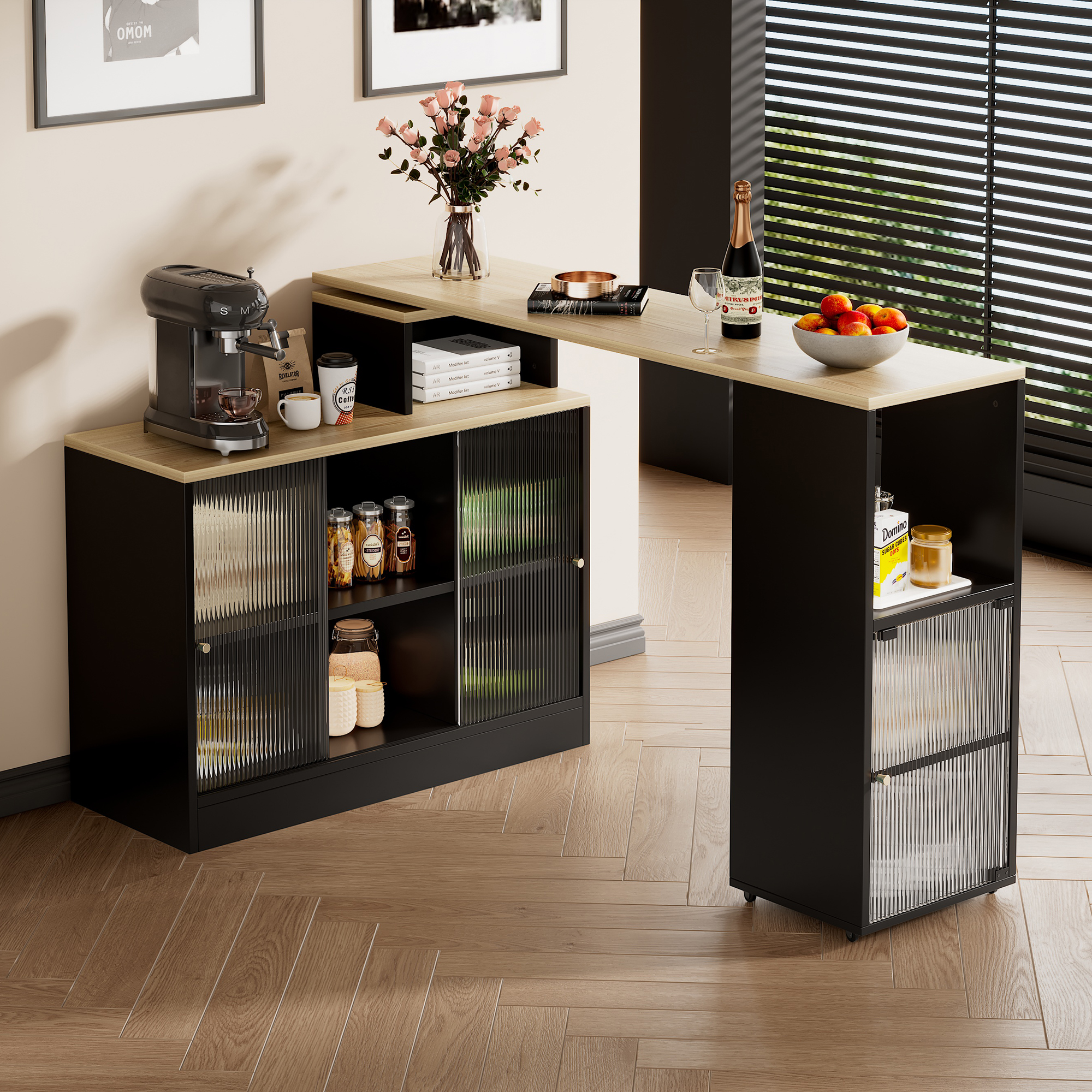 Extendable Bar Table With Storage ,Modern Movable Bar Table, Bar Table, Bistro Table ,High Table , Bistro Table,Large Storage Space,Rotation Without Lifting,Black
