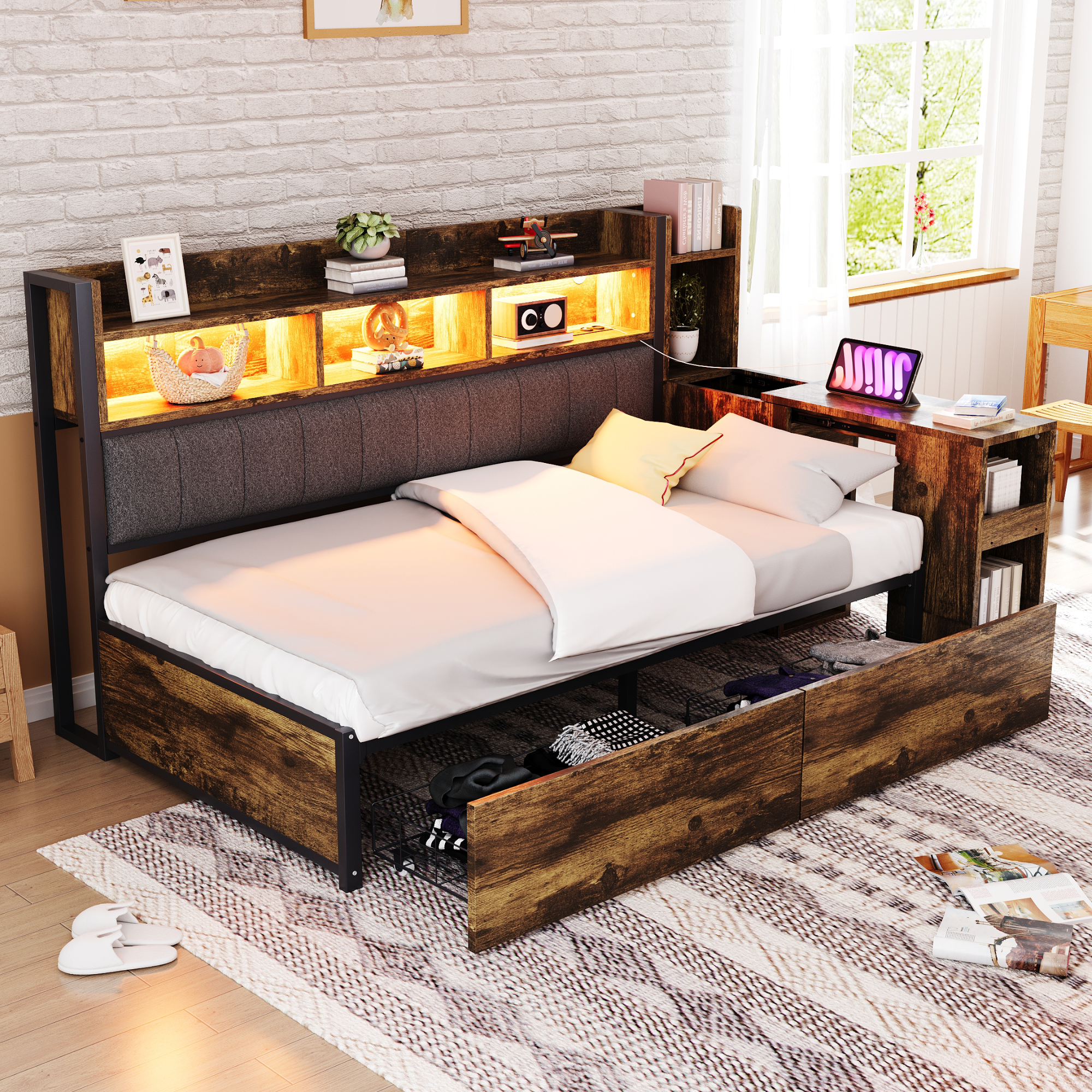 Iron Sofa Bed 90 X 200 Cm, With Versatile Storage Compartments & Lockers, Multifunctional Sockets & LED Lighting, Complete With Large Drawers And A Pull-out Desk