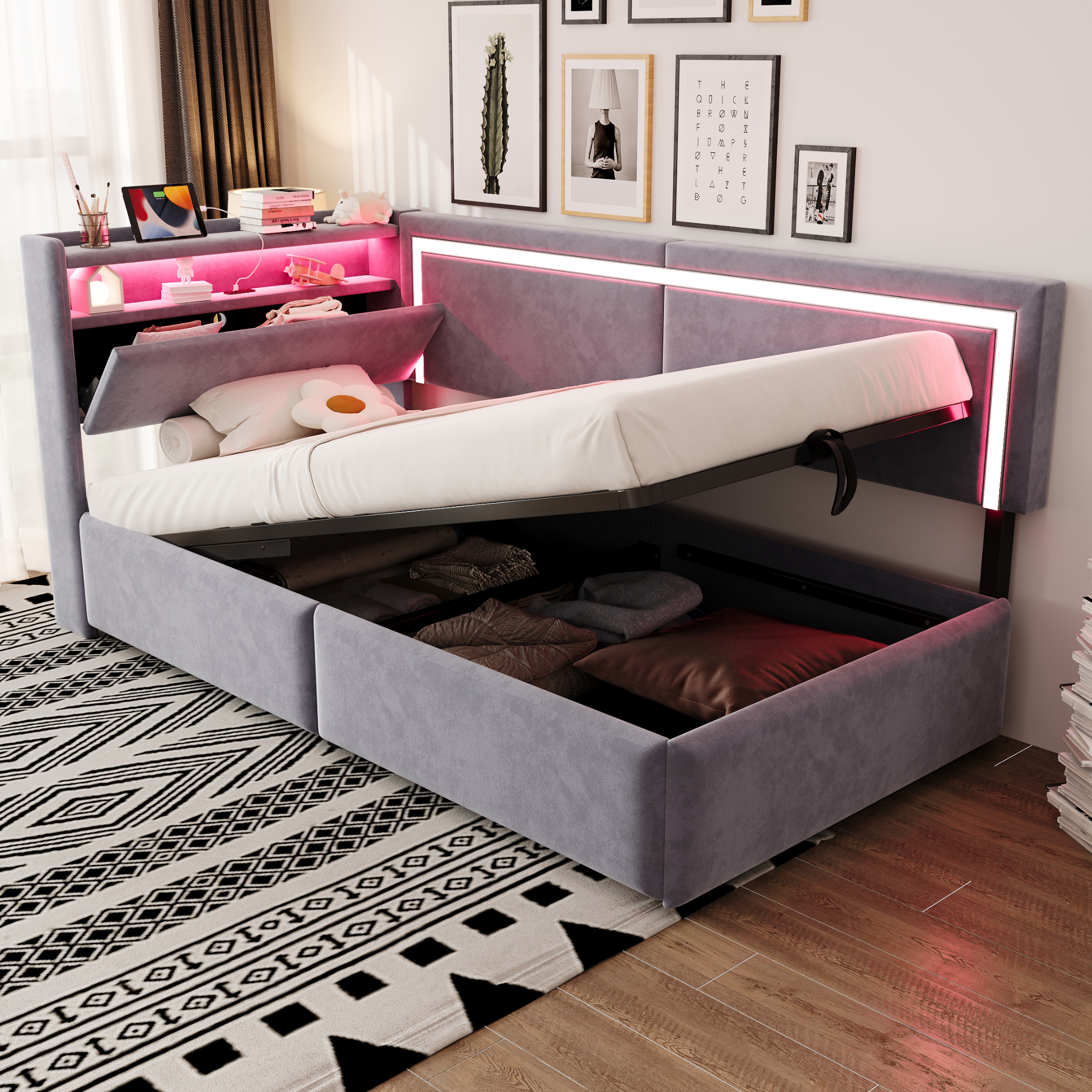 Upholstered Bed Sofa Bed 90x200 Cm With LED Lighting And USB Charging Ports. Headboard Opens For Storage. Hydraulic Storage System Under The Bed, Velvet Fabric Light Grey