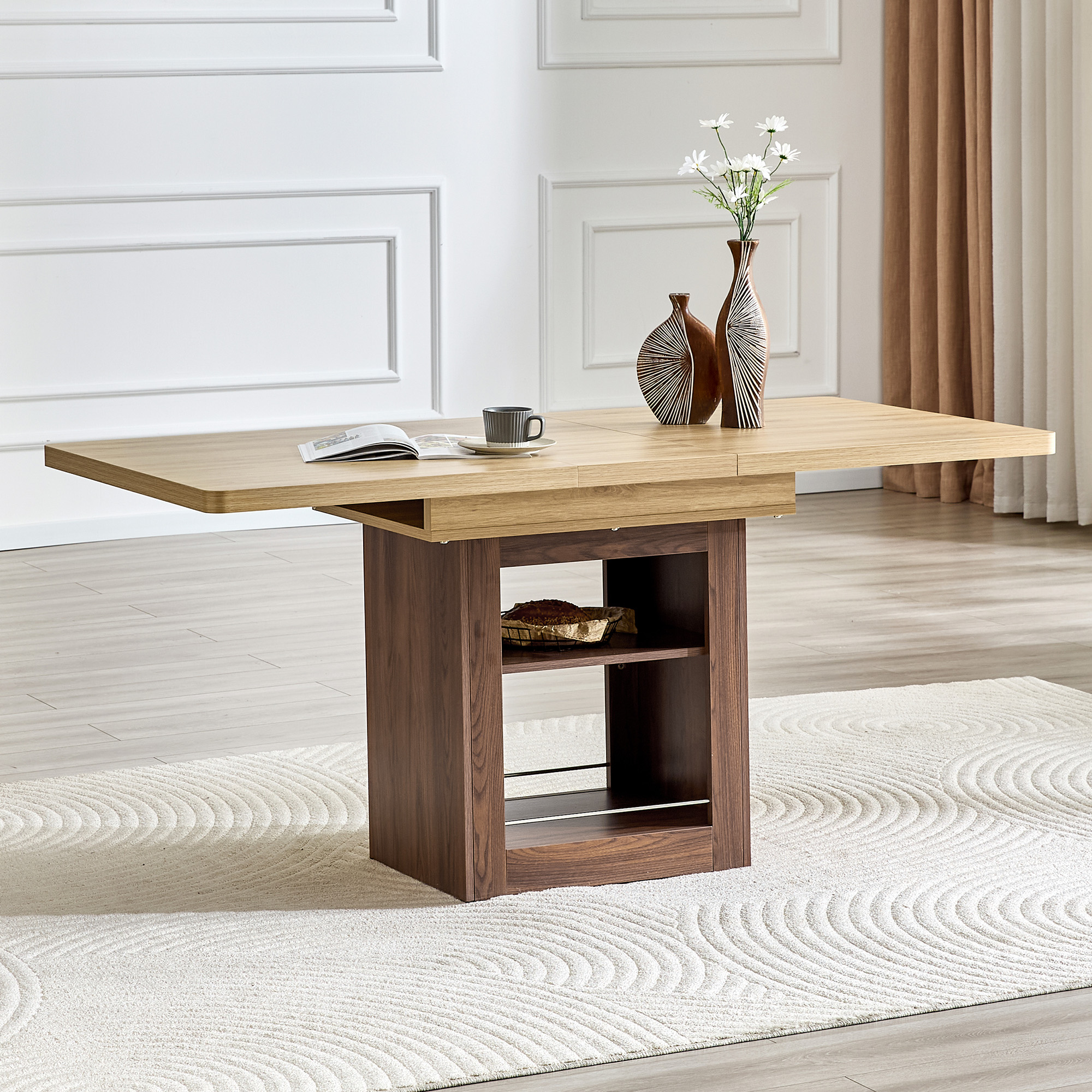 Extendable Imitation Wood Dining Table With Storage, Two Sizes 130 Cm 160 Cm, Walnut MDF Frame, With Shelves, Suitable For Small Apartments And For 4 To 8 People.