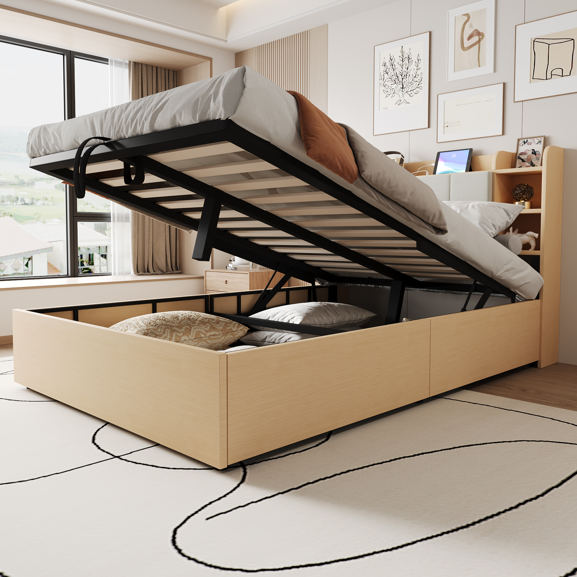 Wooden Bed, Size 140 X 200 Cm, Hydraulic Bed, Headboard With Storage Space, Equipped With USB Port And Tape-C Socket, Double Bed, Single Bed, Wood Colour  Without Mattress
