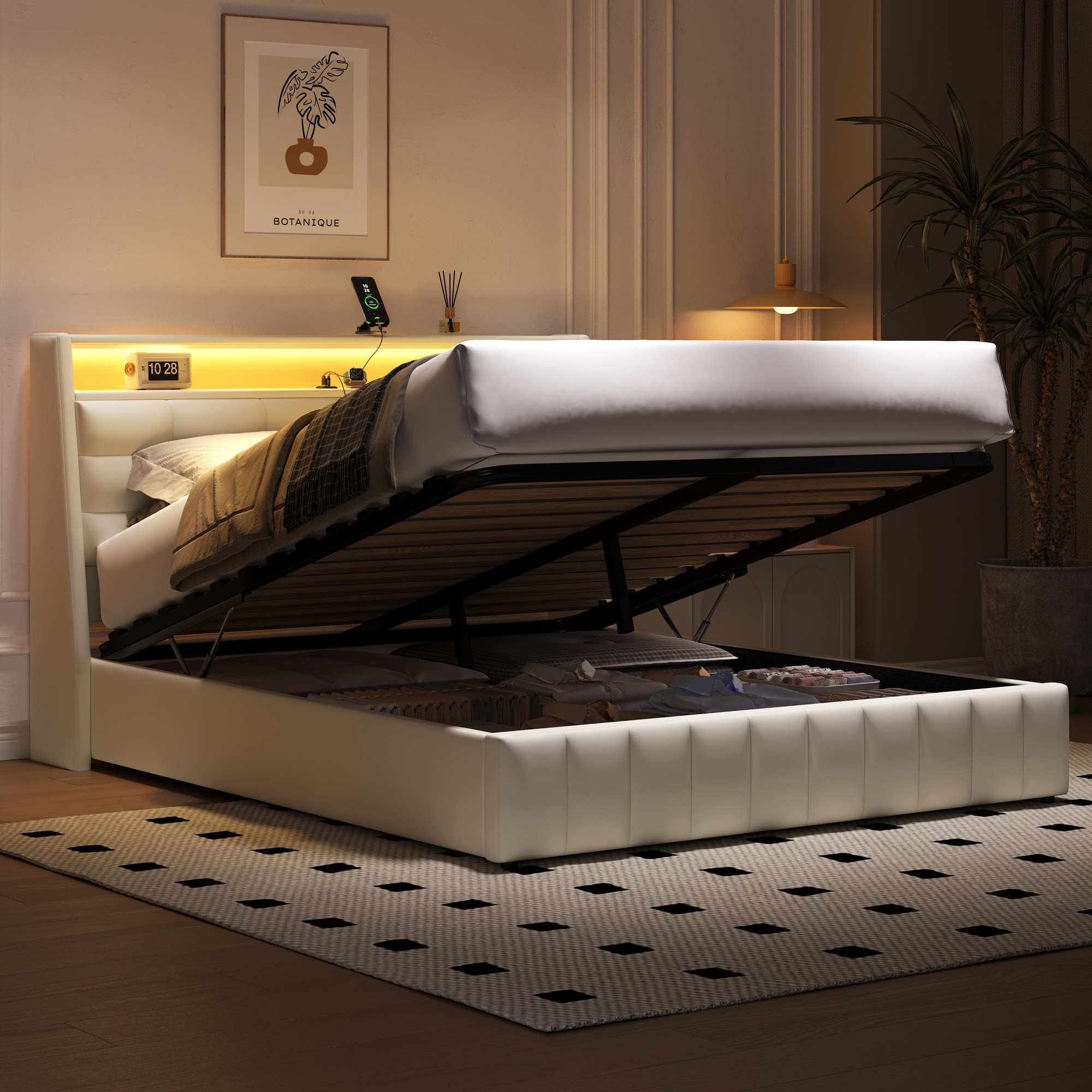 160 X 200 Padded Platform Bed With LED Light And USB, Storage Space Underneath, Adjustable Headboard Cushion, White