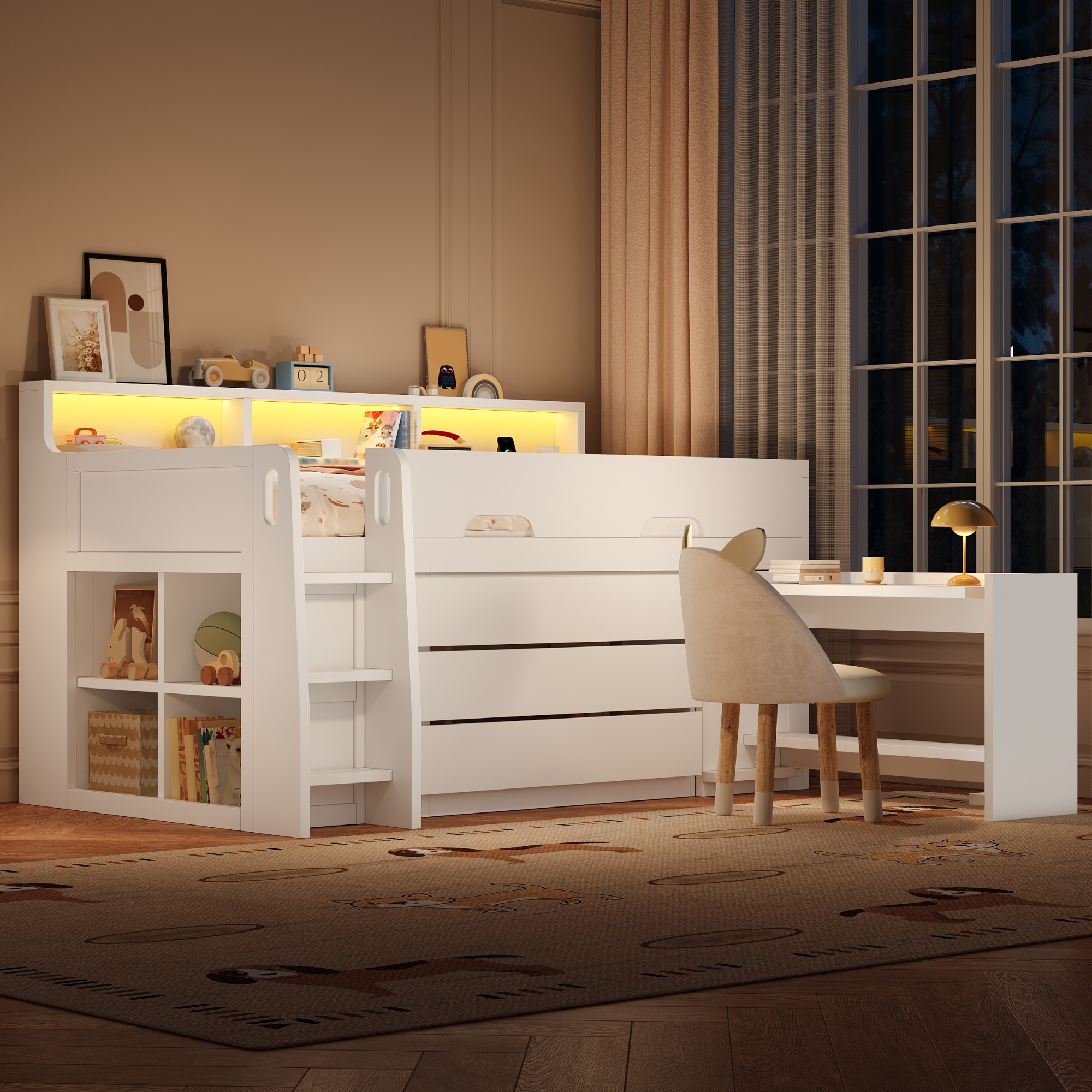 Low Loft Bed  90 X 200 Cm With Three Drawers, A Movable Integrated Desk, Several Storage Compartments, LED Light Strip And USB Ports,White