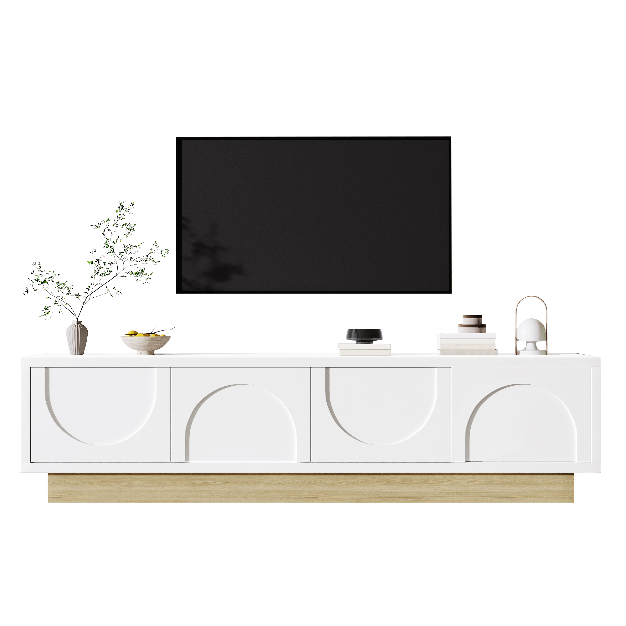 Modern White Wood Grain TV Cabinet  175 Cm  Minimalist Curve Design  Ample Storage & Cable Management  OLD SKU GL7478W