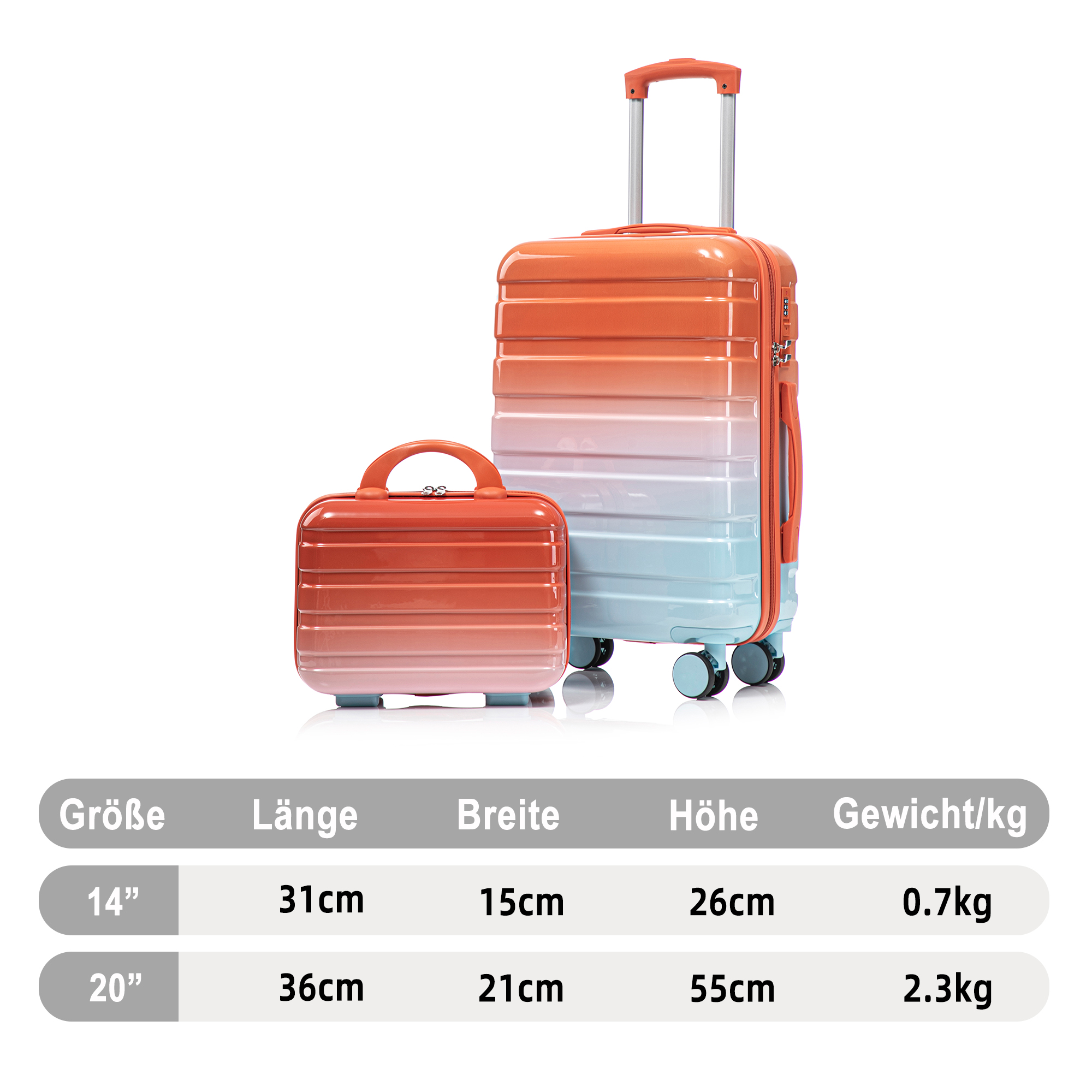 14in 20in 2-Piece PC Spinner Case Set With Combination Lock & 14in Cosmetic Bag Red 4