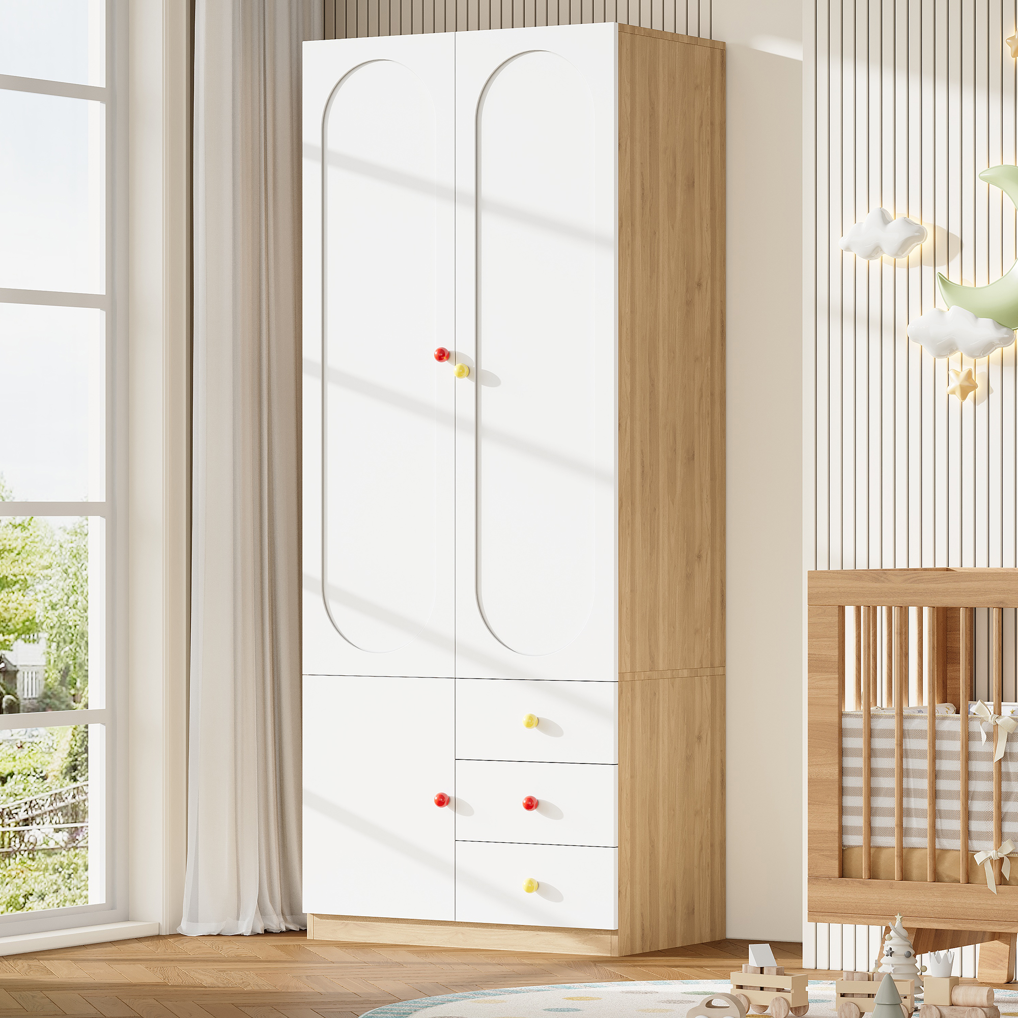 2-door Wardrobe With Drawers, Bedroom Storage Cupboard, Children's Room Furniture, With Clothes Rail, Colourful Ceramic Handles, White, Lacquer Surface, 80x45x200 Cm