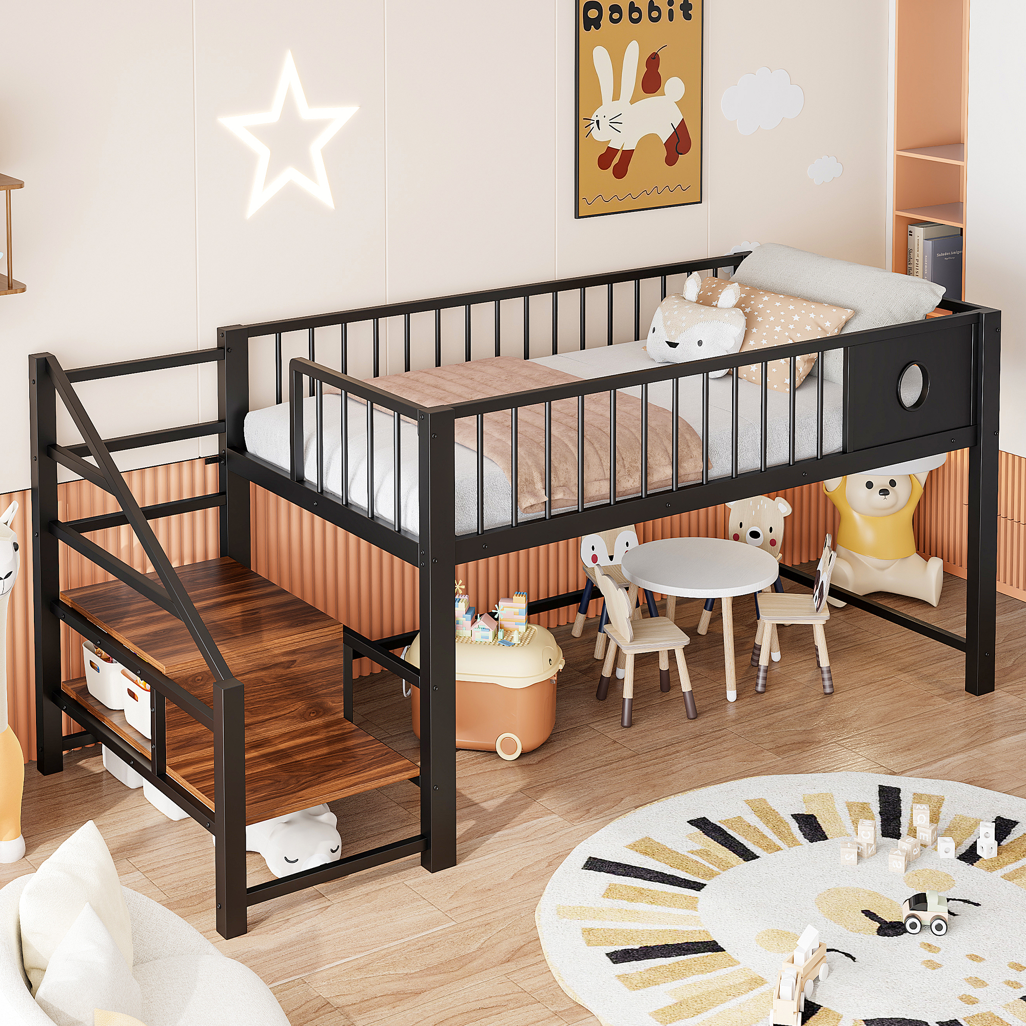 Low Loft Bed For Children  90 X 200 Cm , With Storage Ladder, Sturdy Metal Frame, Suitable For Children And Teenagers, Black