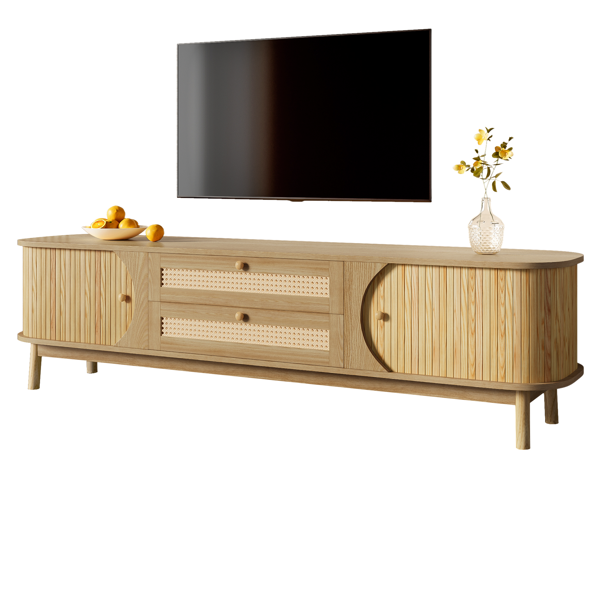 TV Cabinet  Natural Wood Blend TV Cabinet With Doors And Drawers. TV Stand With Rattan Sides. Storage Solution, Natural Country Style
