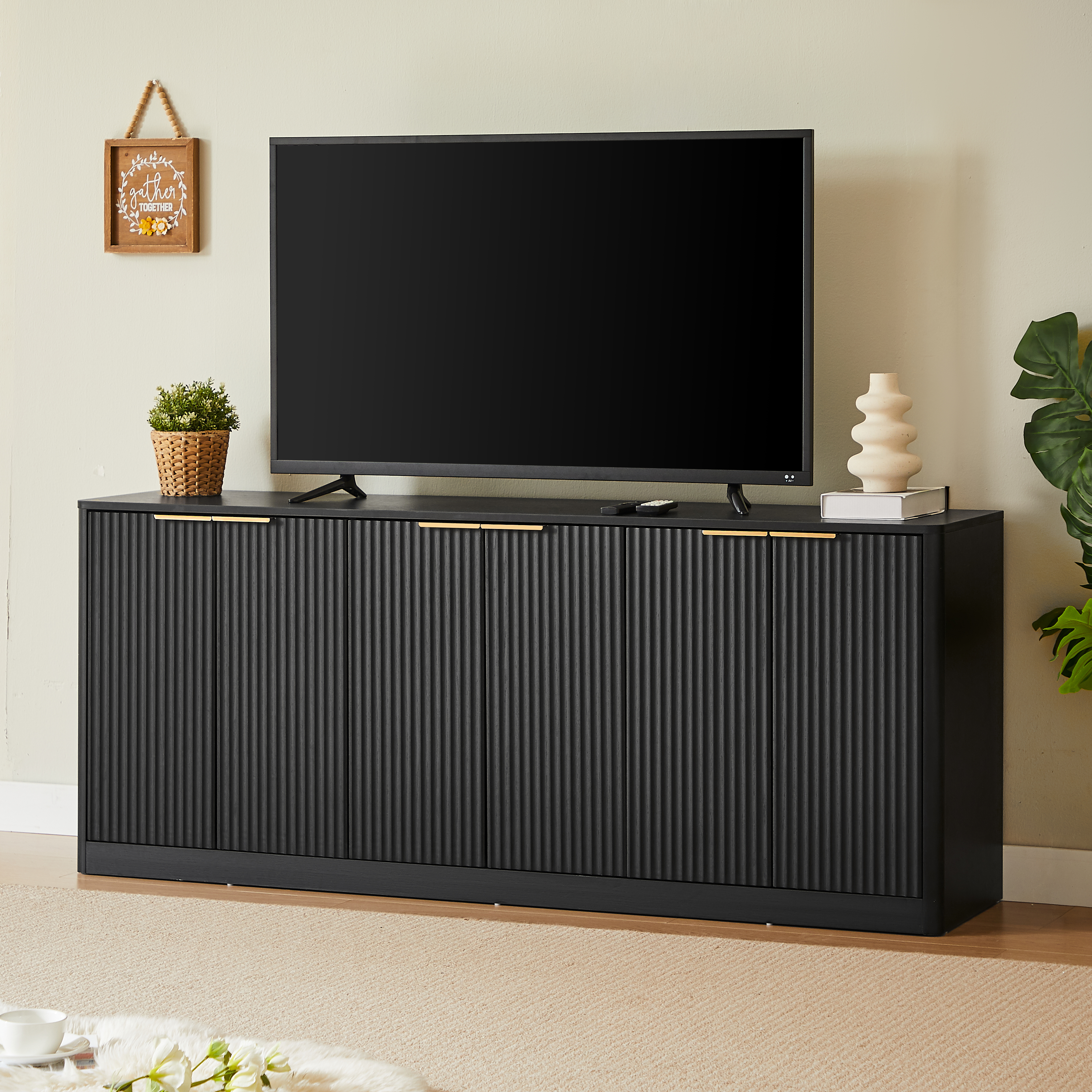 170cm Modern Sideboard With Wave Shape,Storage Cabinet With Curved Contour Design,6 Door Cabinet With Storage Function,Suitable For Kitchen Bedroom Living Room,Black,170x 40x70.5cm