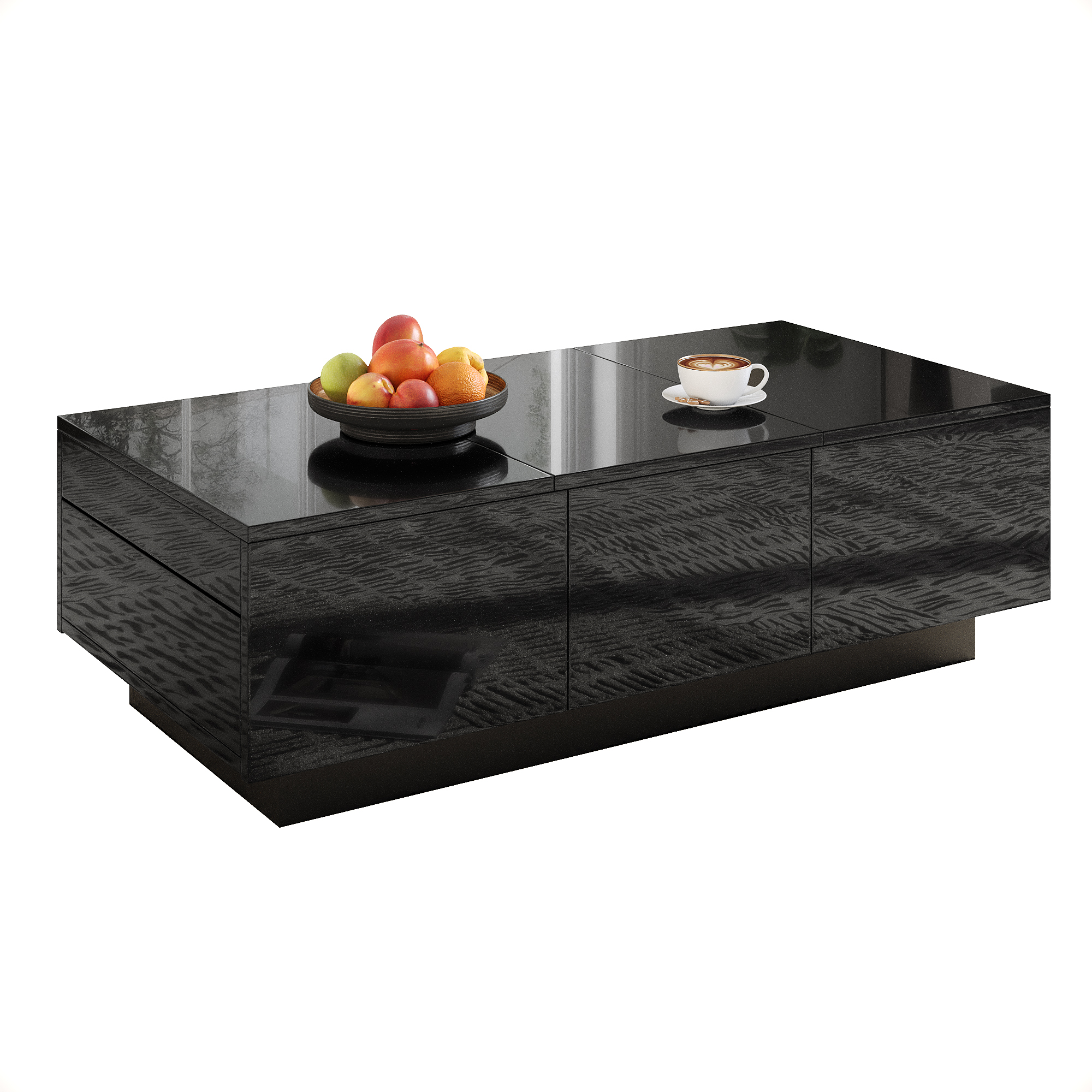 Modern Black High Gloss Coffee Table With Drawers And Sliding Compartment  Rectangular Living Room Table With Large Storage Space, Stylish Design And Easy-care Surface