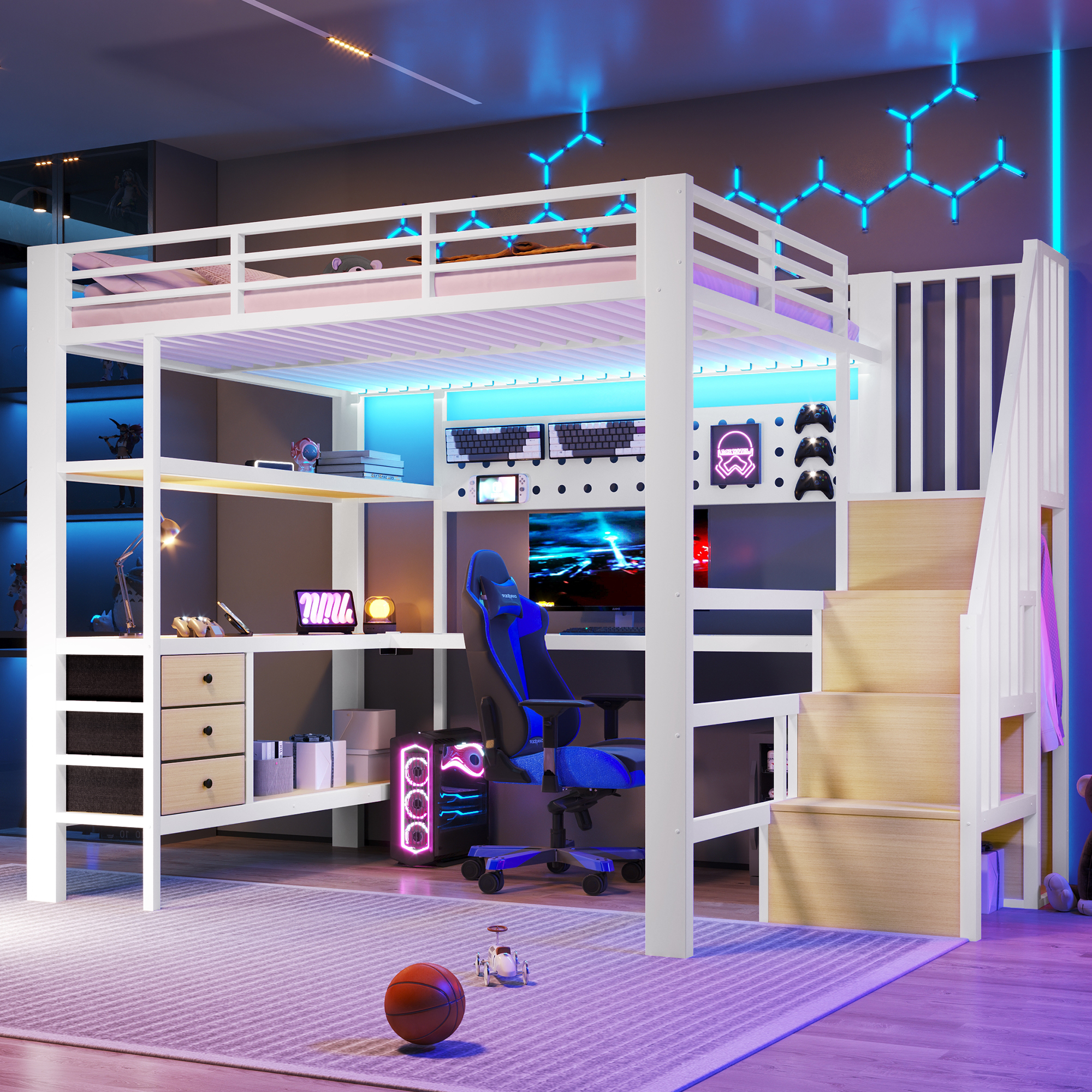 Loft Bed, 140 X 200 Cm, Metal Bed, Storage Space, Drawer, Perforated Wall, Table, Socket, LED Light, Without Mattress, White