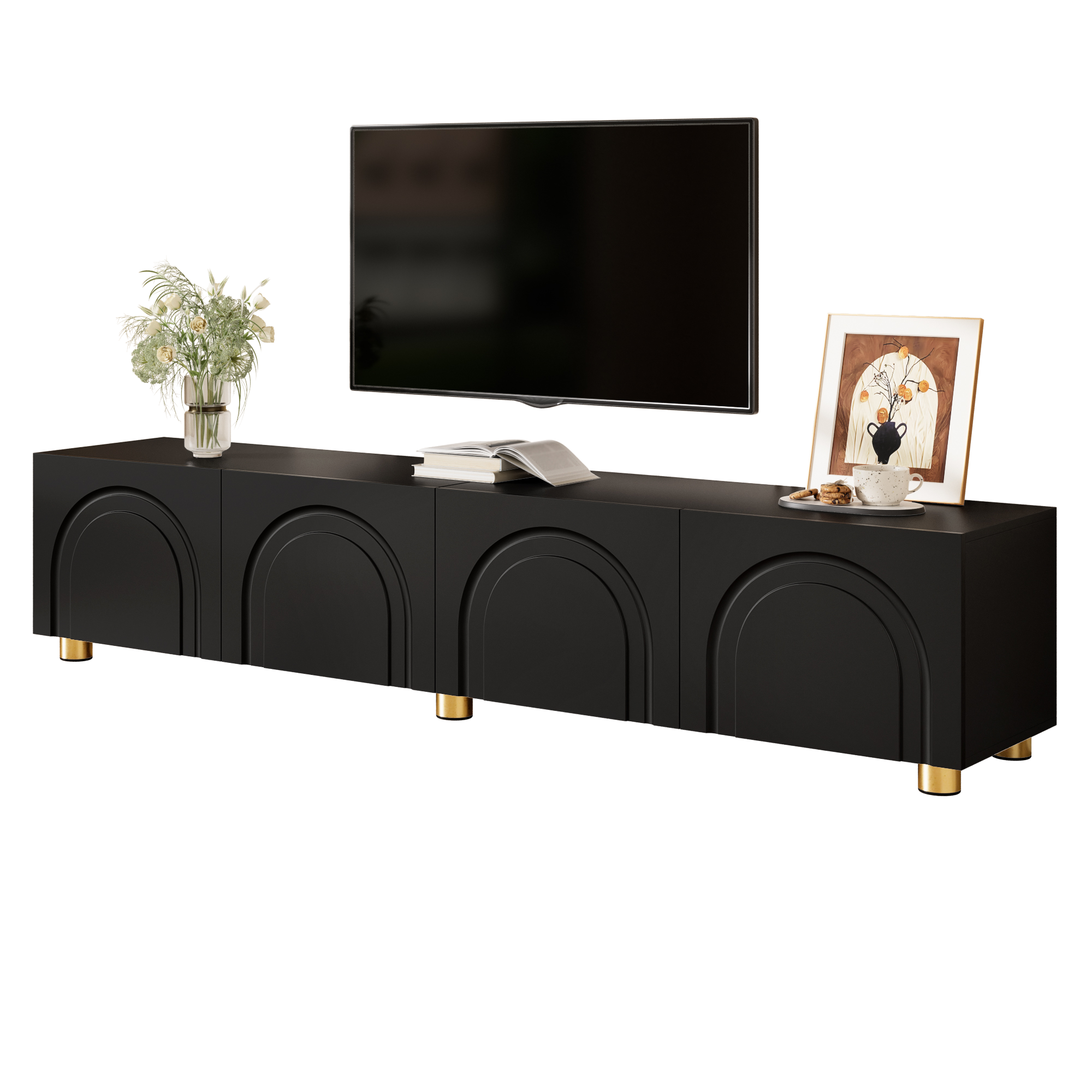 TV Cabinet Lowboard Arch Relief 4 Doors Metal Feet Living Room Storage