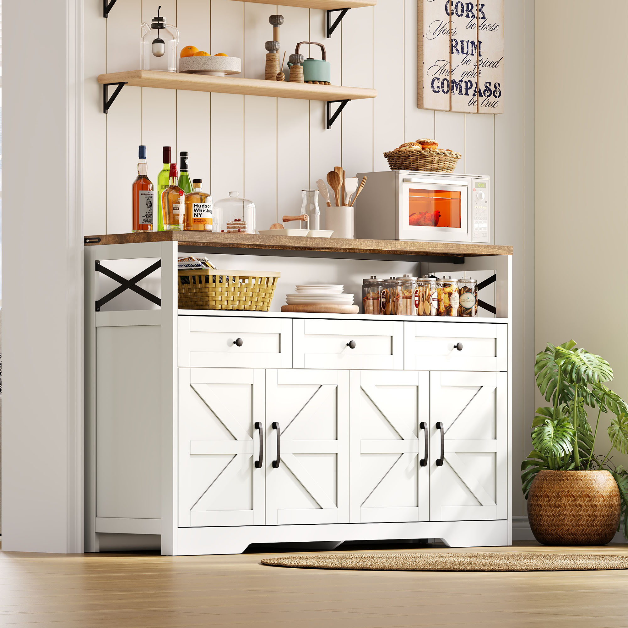 Buffet Sideboard 140cm With Storage Space, Coffee Bar With 3 Drawers, Console In Country Style With Doors, Cabinets With Shelves, Suitable For Kitchen, Living Room, Hallway, Rustic Style White Brown