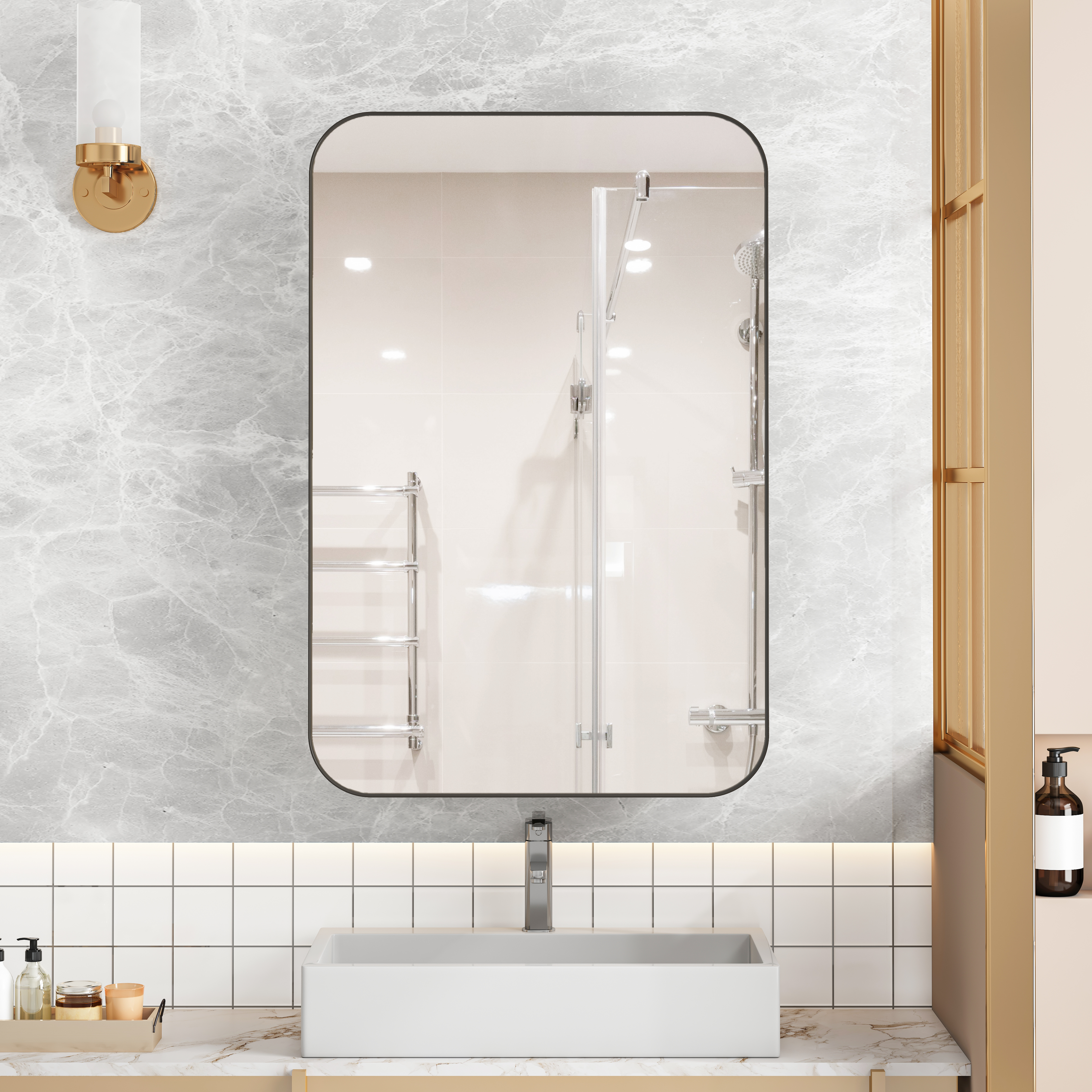 Stylish Rectangle Mirror Cabinet, Recessed Medicine Cabinet, Wall Cabinet With Metal Framed, Mirror And Adjustable Shelves, Mirror Cabinet With Storage For Bathroom, Living Room And Bedroom, Black