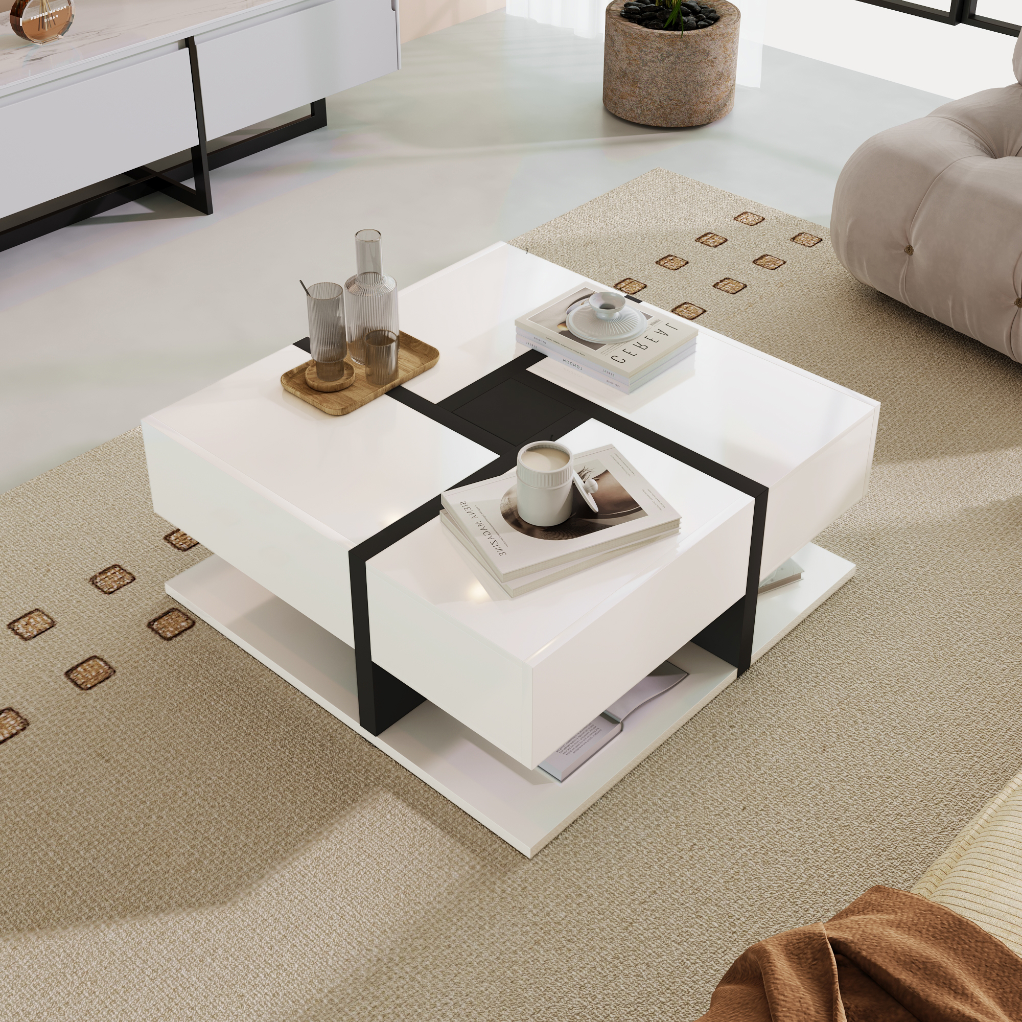 High Gloss Coffee Table, Table With 4 Drawers, Unique Color Matching And Line Design, Storage Space At The Bottom. 78x78x36cm