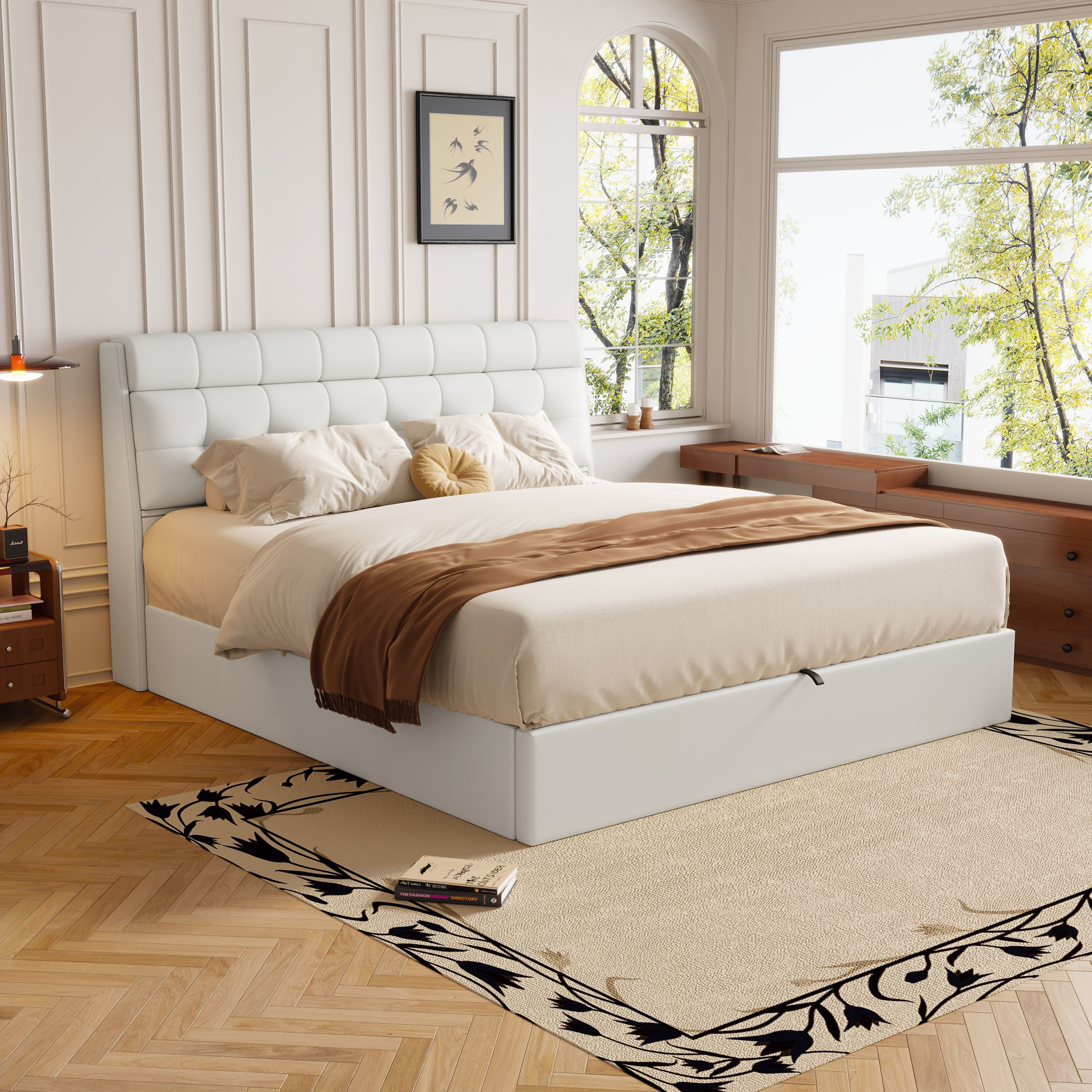 Upholstered Bed Style, 140x190, Hydraulic Bed, Hidden Bedside Storage, Storage For Bed Chest, PU, With Slatted Base And Headboard, Without Mattress, White