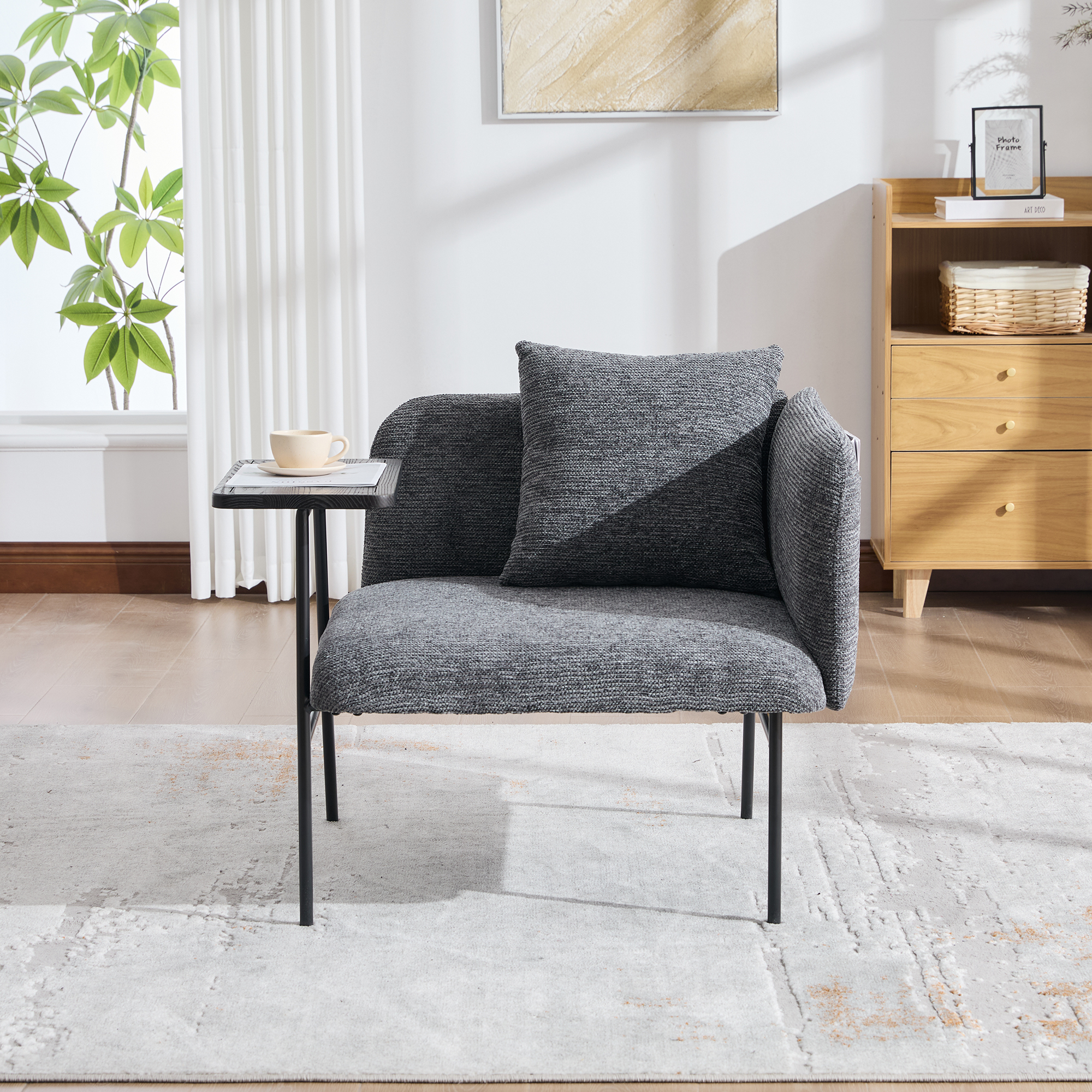 Modern Single Armchair With Comfortable Fabric Backrest And Two Storage Compartments, Complemented By A Practical Side Table. This Minimalist Side Table With Storage Features A Sturdy Metal Tray
