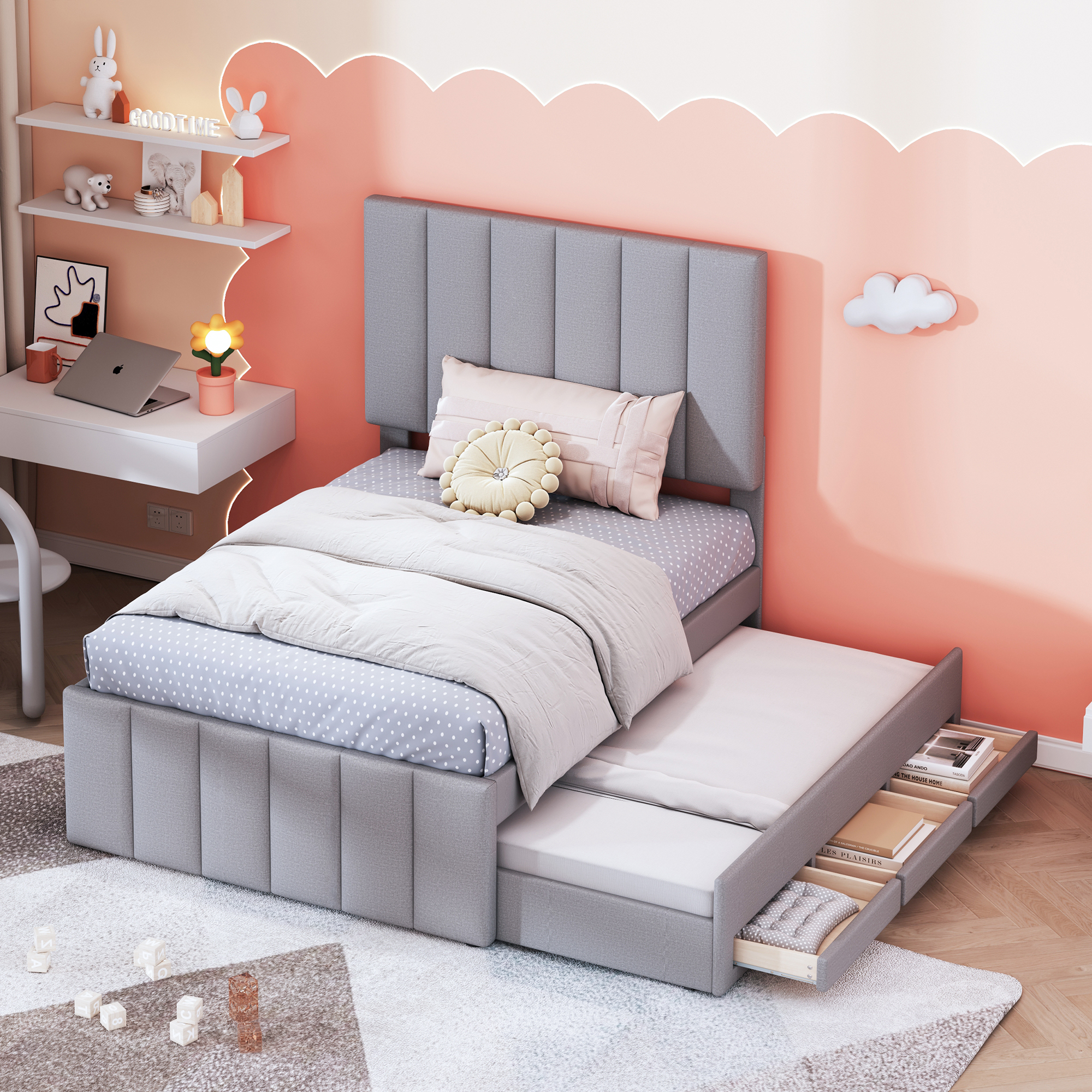 Upholstered Bed 90 X 200 Cm With Trundle Bed And Storage Drawers, Skin-friendly Linen Upholstery, Flat Single Bed, Cot, Youth Bed, Guest Bed  Grey