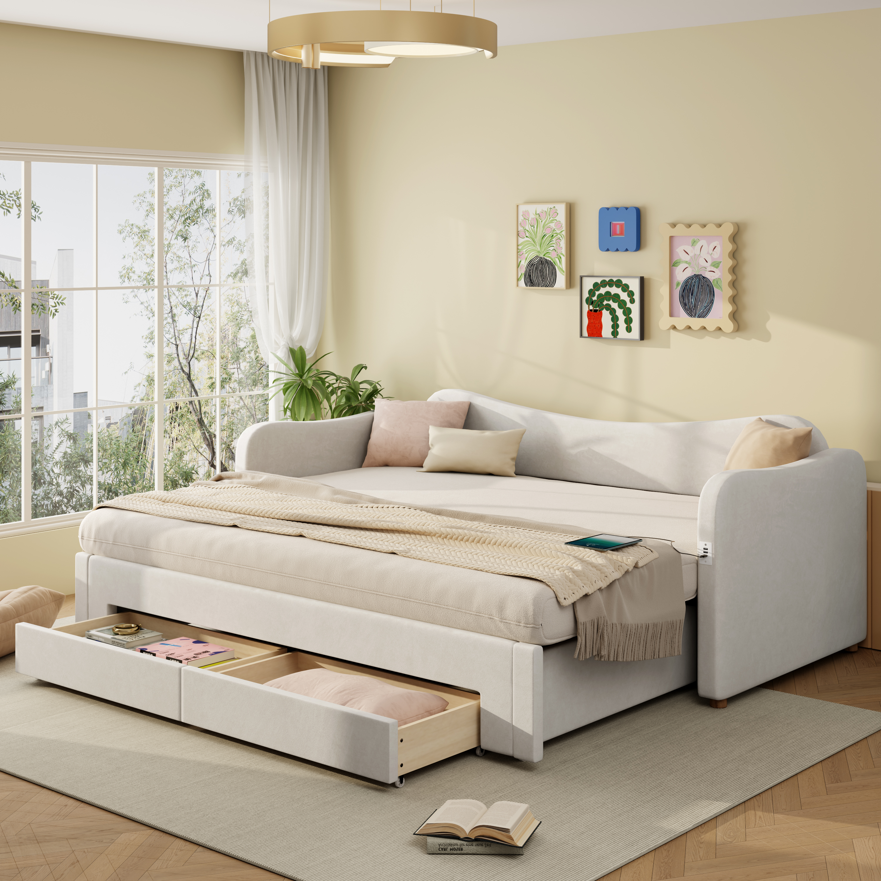 Upholstered Bed, Daybed, Daybed, Sofa Bed, With 2 Drawers For Storage, Sofa Bed, Daybed 90x200 Cm, Extendable To 180 Cm, With USB Port, Beige Velvet