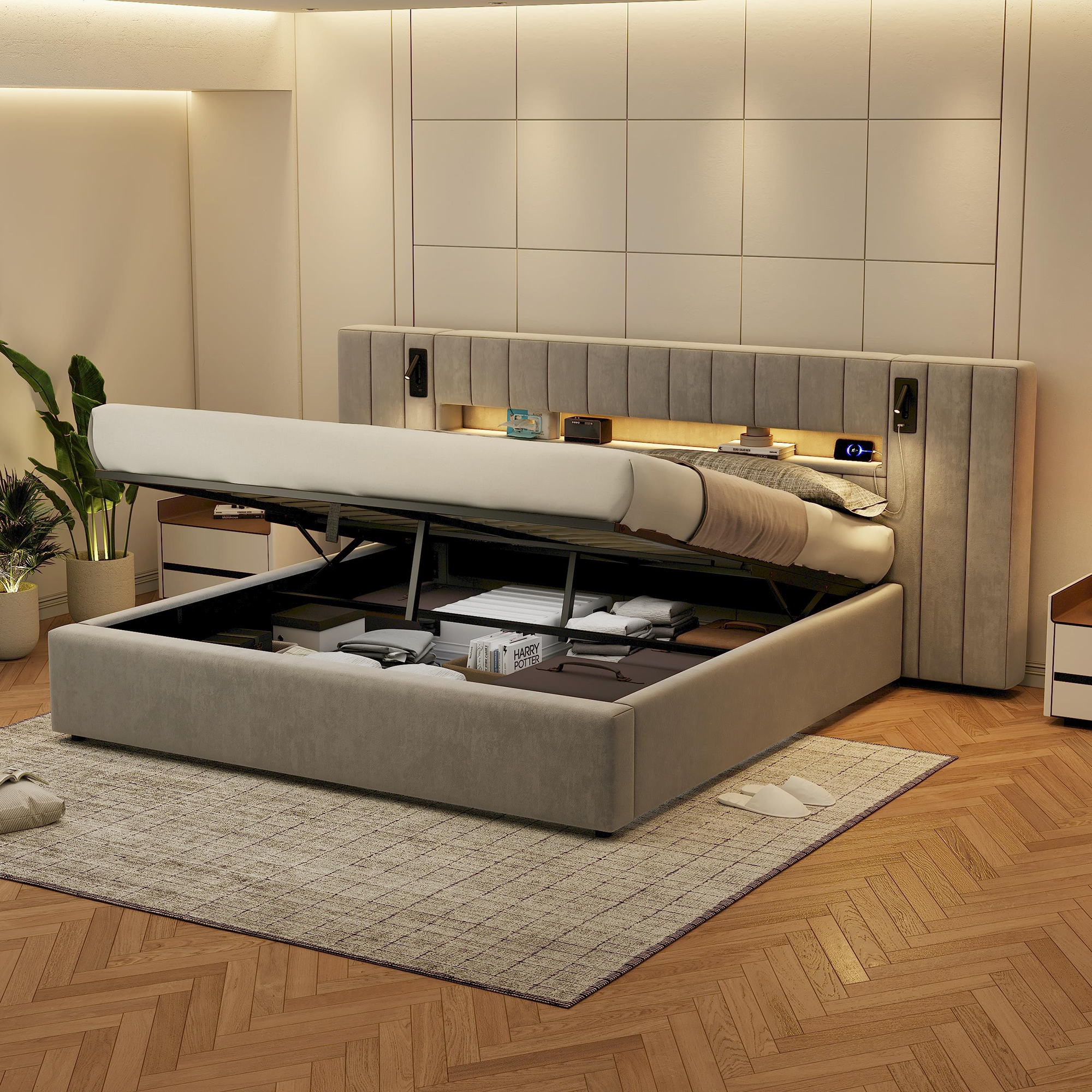 Bed Frame 180 X 200 Cm With USB Port, Upholstered Bed,double Bed,storage Bed,functional Bed,with LED Lighting,with Bedside Lamp, With Storage Space, Without Mattress, Velvet, Grey